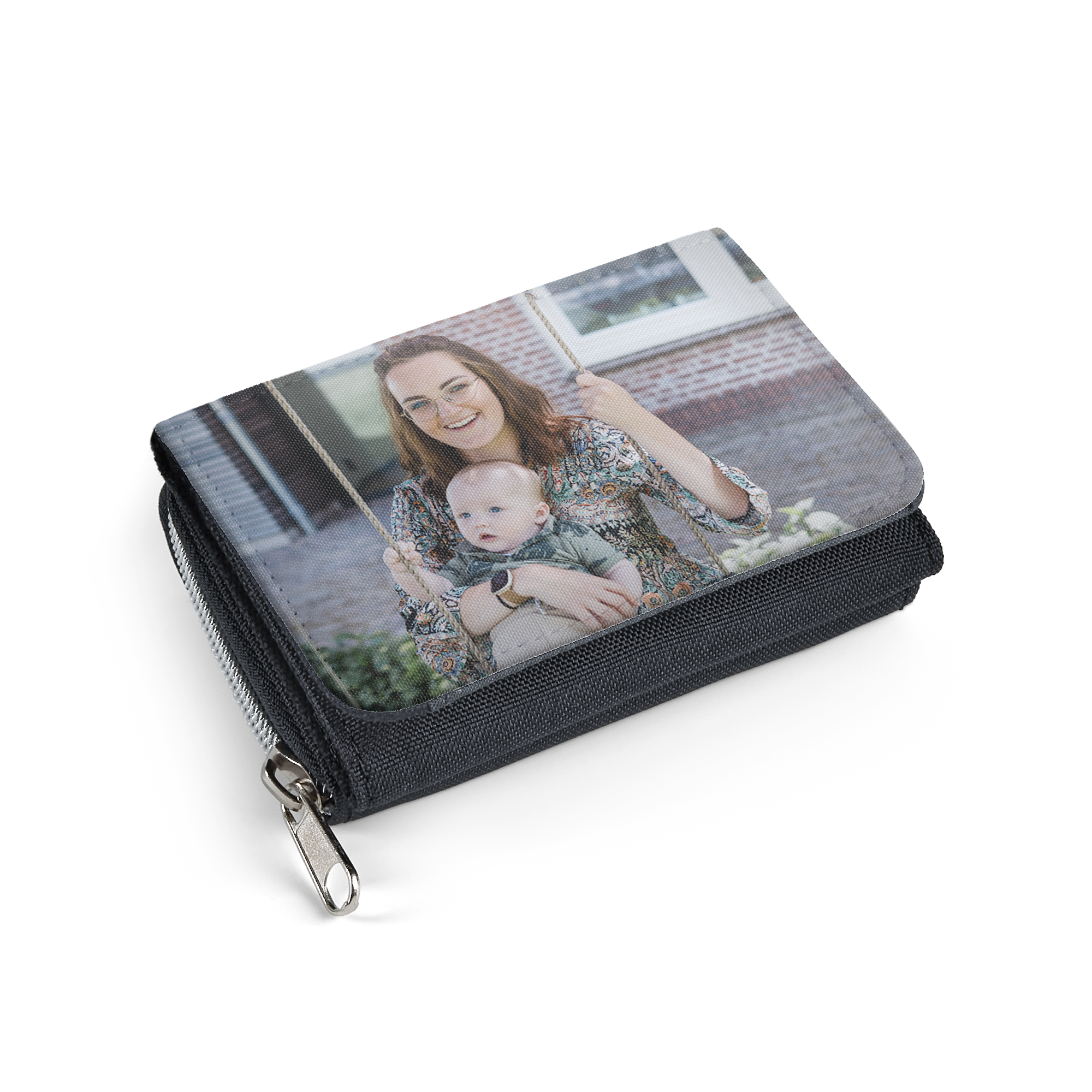 Geantă mică neagră personalizată cu o fotografie color imprimată cu mamă și bebeluș.