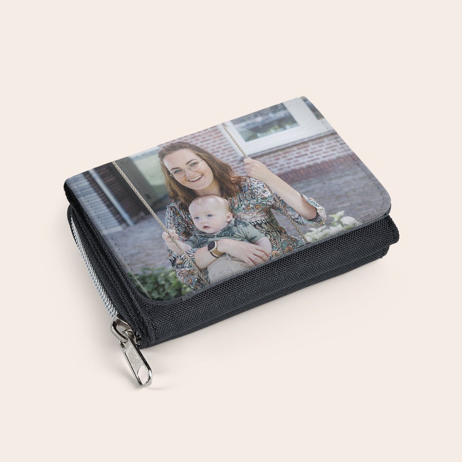 Portofel Geantă mică neagră personalizată cu o fotografie color imprimată cu mamă și bebeluș.