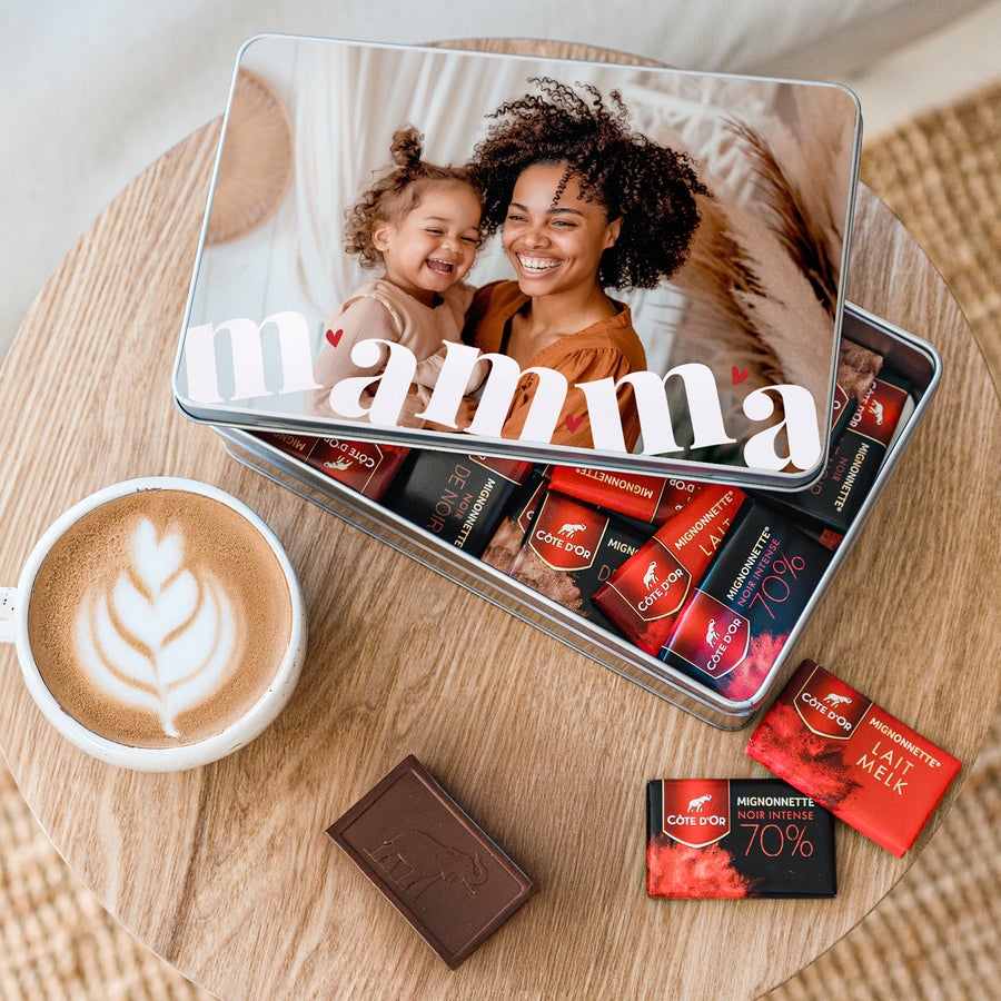 Personlig chokladask Côte d’Or Personlig presentförpackning med Côte d’Or choklad, tryckt foto av mamma och barn med texten "mamma"