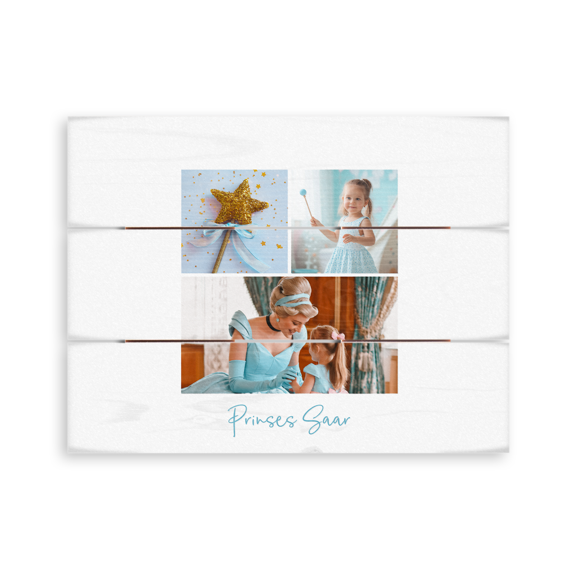 Houten wanddecoratie bedrukt met fotocollage van prinsessen en de naam Prinses Saar