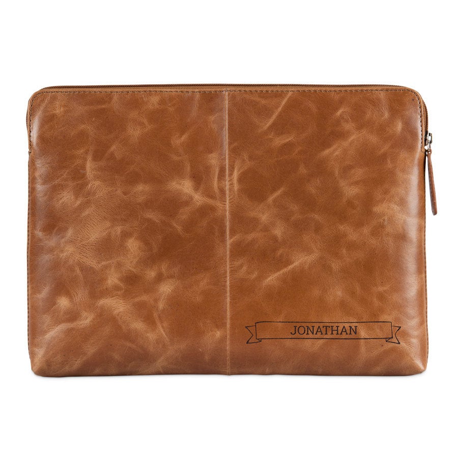 Engraved leather laptop sleeve