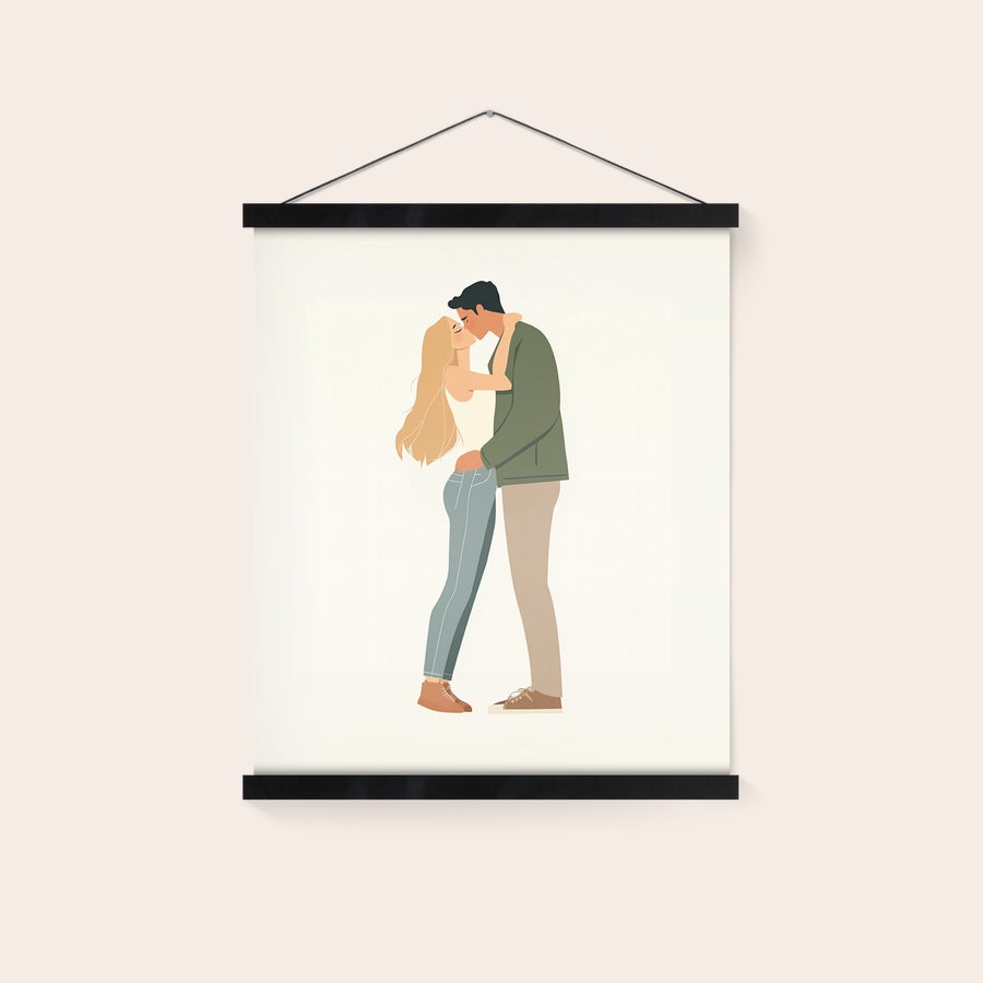 Personlig affisch med trähängare Magnetisk affischhängare i ek med personlig illustration av ett par som kysser, tryckt på papper