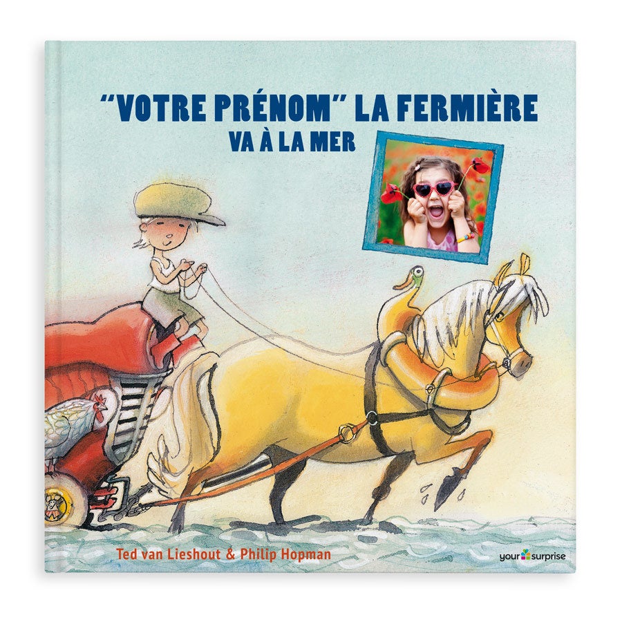 Livre enfant personnalisé La Fermière va à la mer avec prénom et photo, idéal pour les vacances