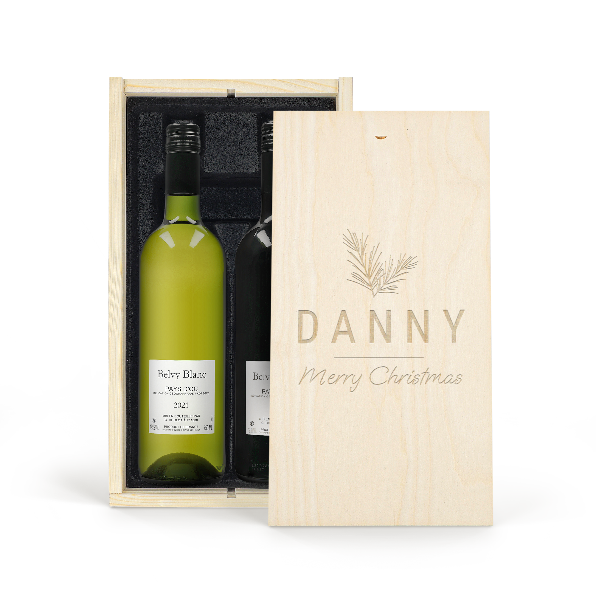 Luxus Belvy borkészlet gravírozott fa tokban két borosüveggel, fenyőágakkal és "Danny Merry Christmas" felirattal