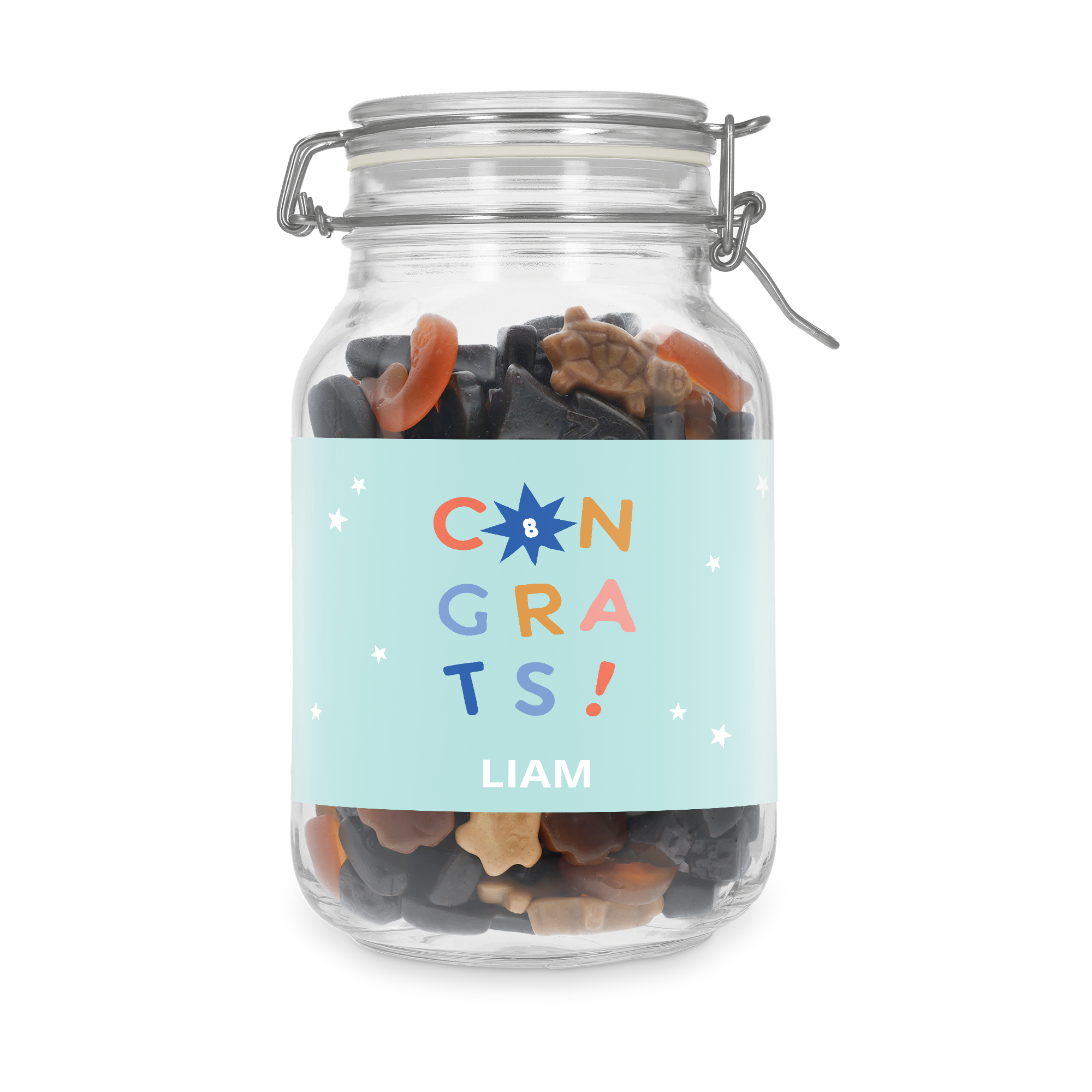 Tarro de dulces personalizado con mezcla de regaliz, etiqueta azul "CONGRATS!" y nombre Liam impreso.