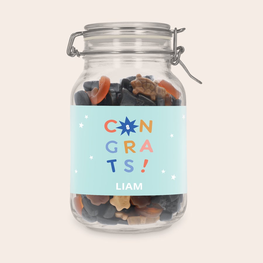 Frasco de doces personalizado Pote de doce personalizado com mistura de alcaçuz, com rótulo "CONGRATS!" e nome LIAM