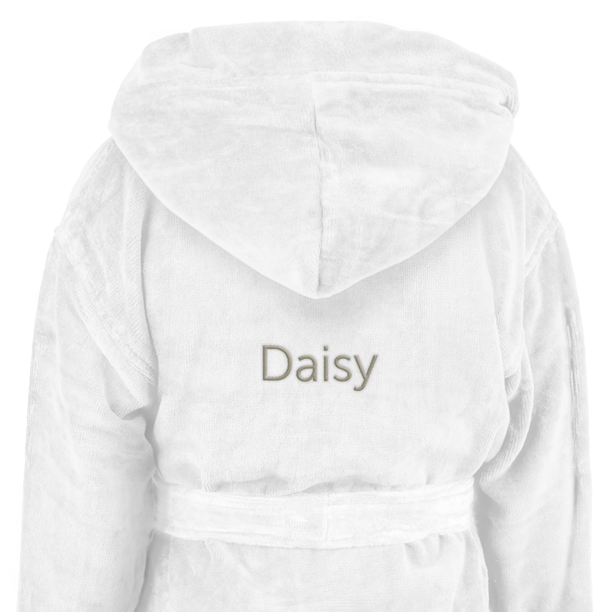 Fehér, személyre szabott fürdőköpeny kapucnival és Daisy név hímzéssel a hátán.