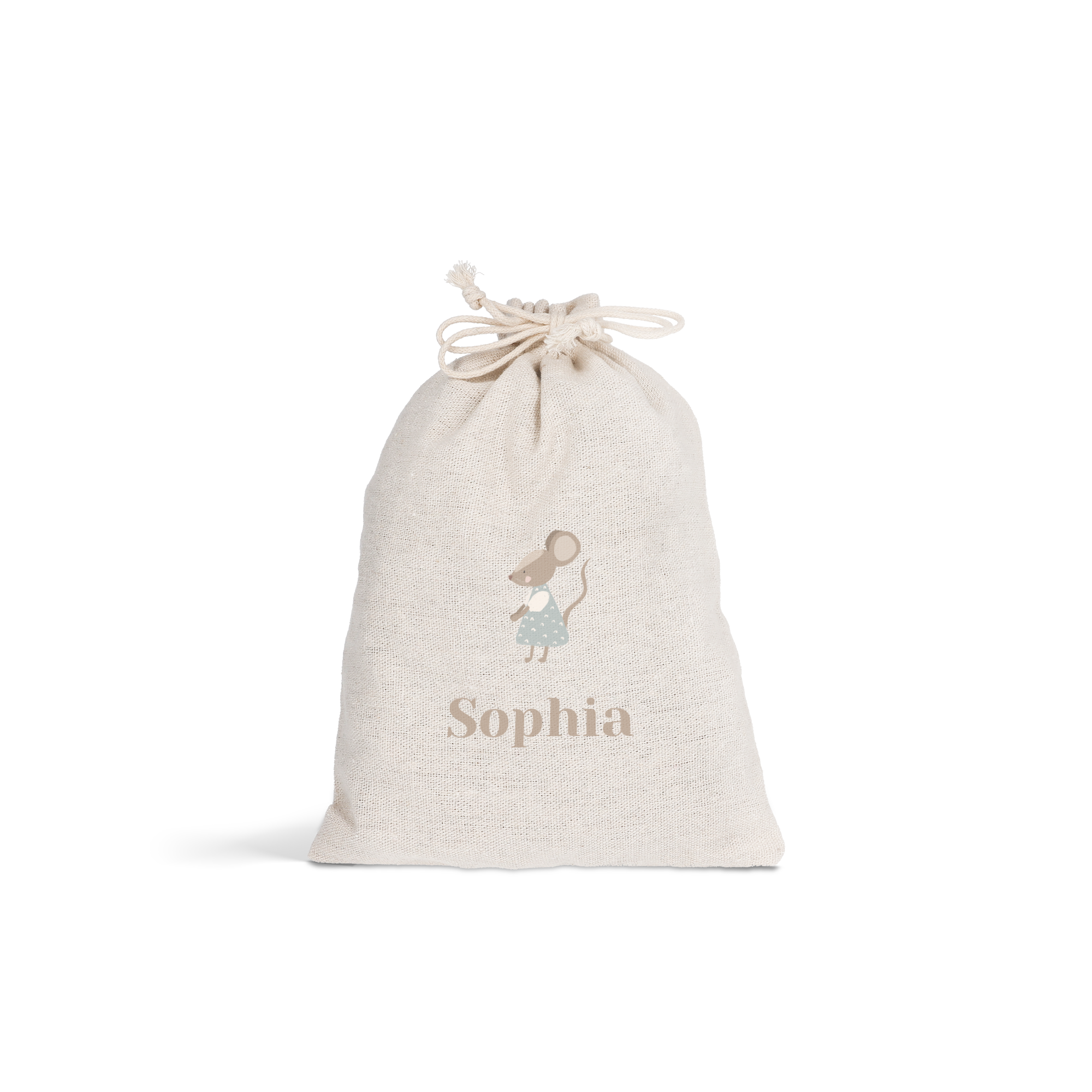 Sac à cordon personnalisé pour Pâques, en coton blanc, avec une impression de souris et le nom Sophia