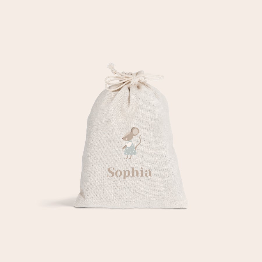 Saco de oferta com cordão Sacola de presente de Páscoa personalizada com cordão e ilustração de rato e nome Sophia impresso