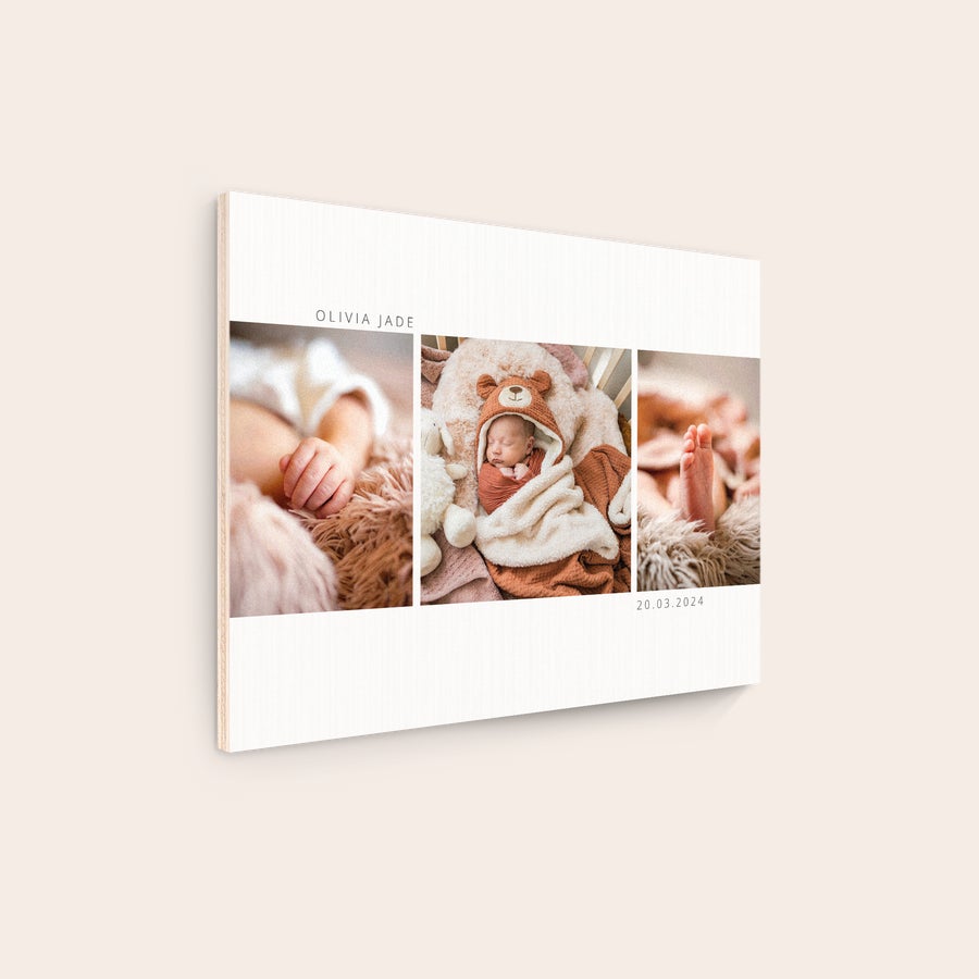 Foto op hout afdrukken Houten fotopaneel met drie babyfoto's in collage en naam Olivia Jade en datum 20.03.2024 erop gedrukt