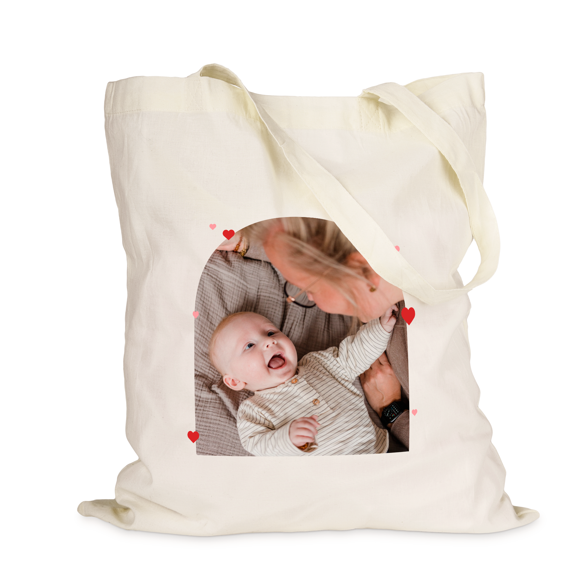White eco-cotton tote bag printed with a custom photo of a baby and small red hearts.