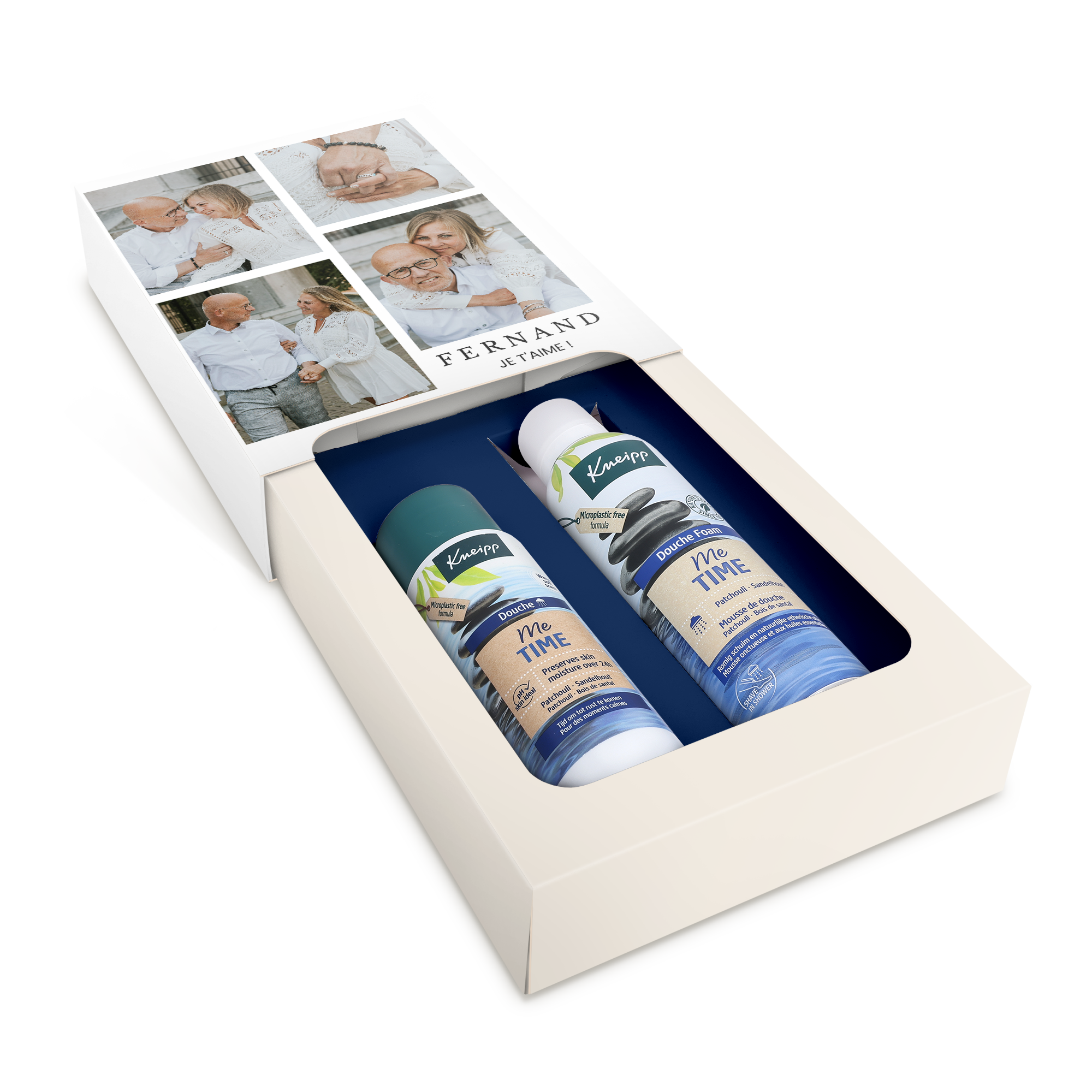 Coffret spa Kneipp avec mousse et gel douche, imprimé de photos personnalisées et du texte Fernand je t'aime, un cadeau pour gâter un proche.