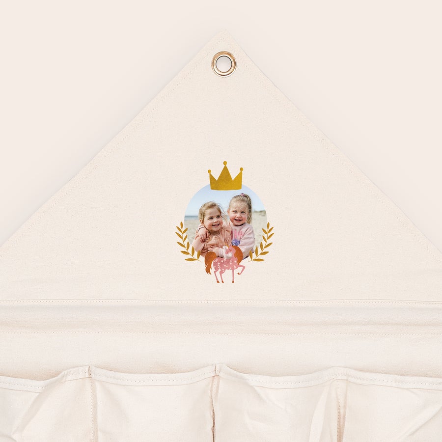 Organizador de bolsillo de tela Organizador de bolsillo de tela personalizado con foto impresa de dos niñas, corona dorada y unicornio rosa.