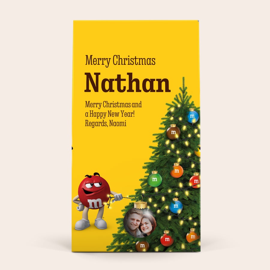 Personalised XL M&M's gift box - 6 bags (714 grams) Personalized XL M&M's chocolate gift box with Christmas tree, Nathan and Naomi's photo, and text