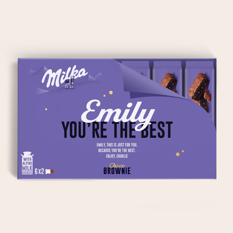 Milka Brownies Confezione regalo personalizzata Milka Choco Brownie con nome Emily e messaggio stampato