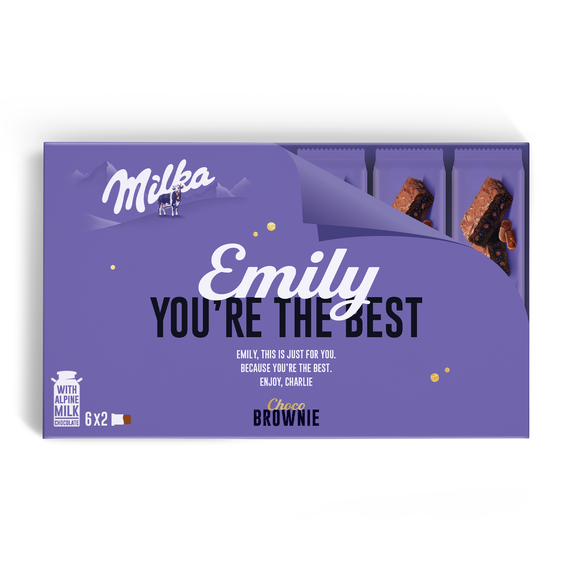 Személyre szabott Milka Choco Brownie díszdoboz Emily nevével és "YOU'RE THE BEST" üzenettel.