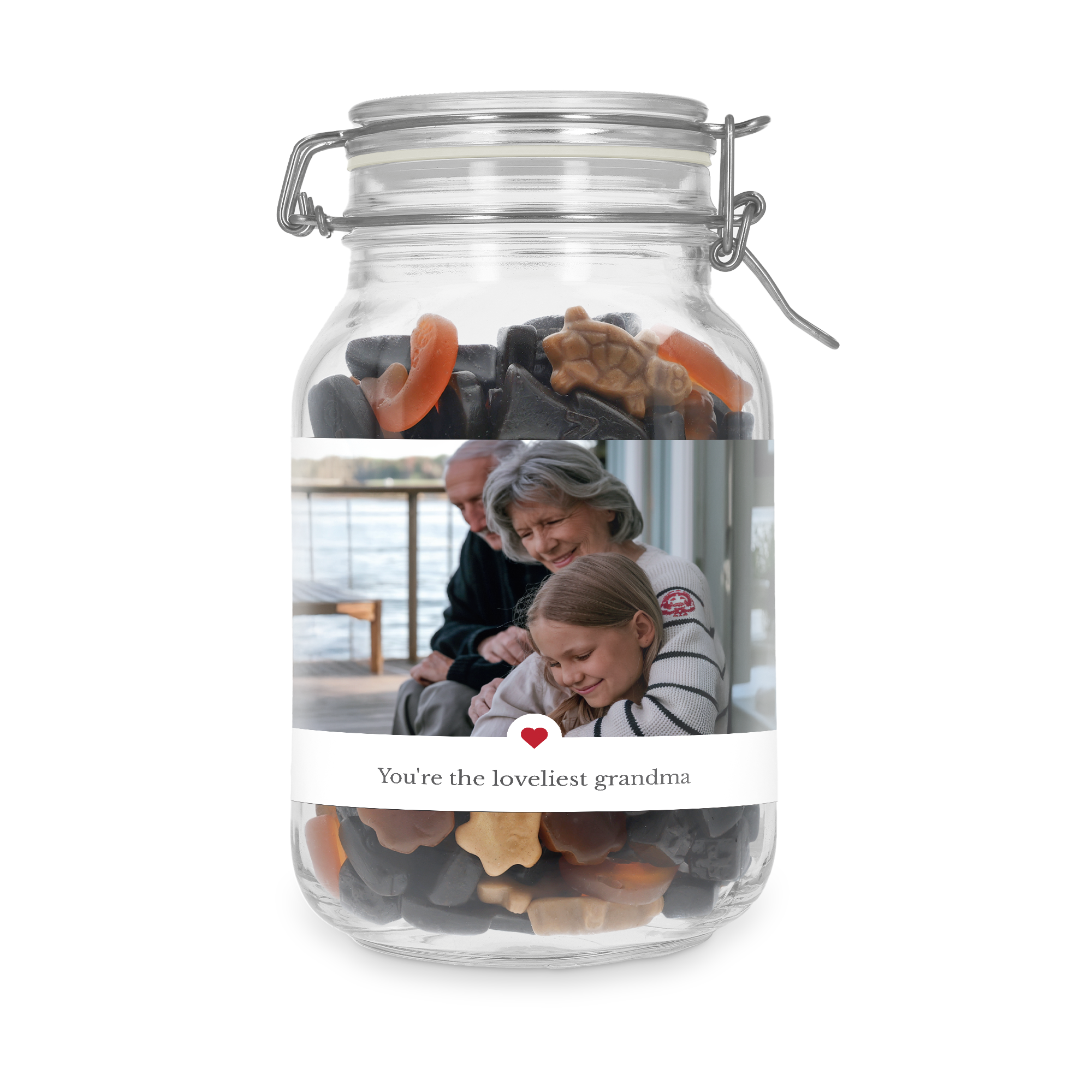 Barattolo di dolciumi personalizzato con mix di liquirizia, foto di famiglia e testo Your're the loveliest grandma