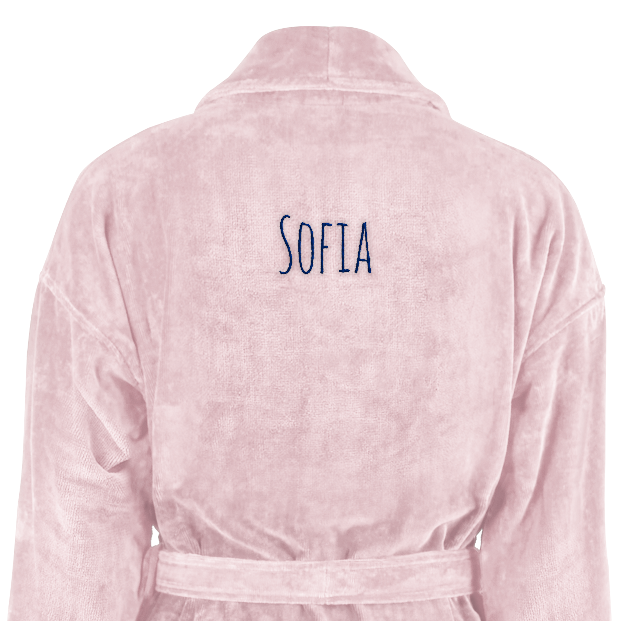 Rosa Bademantel aus Frottee mit dem bestickten Namen Sofia auf dem Rücken für einen kuscheligen Bademantel mit Namen