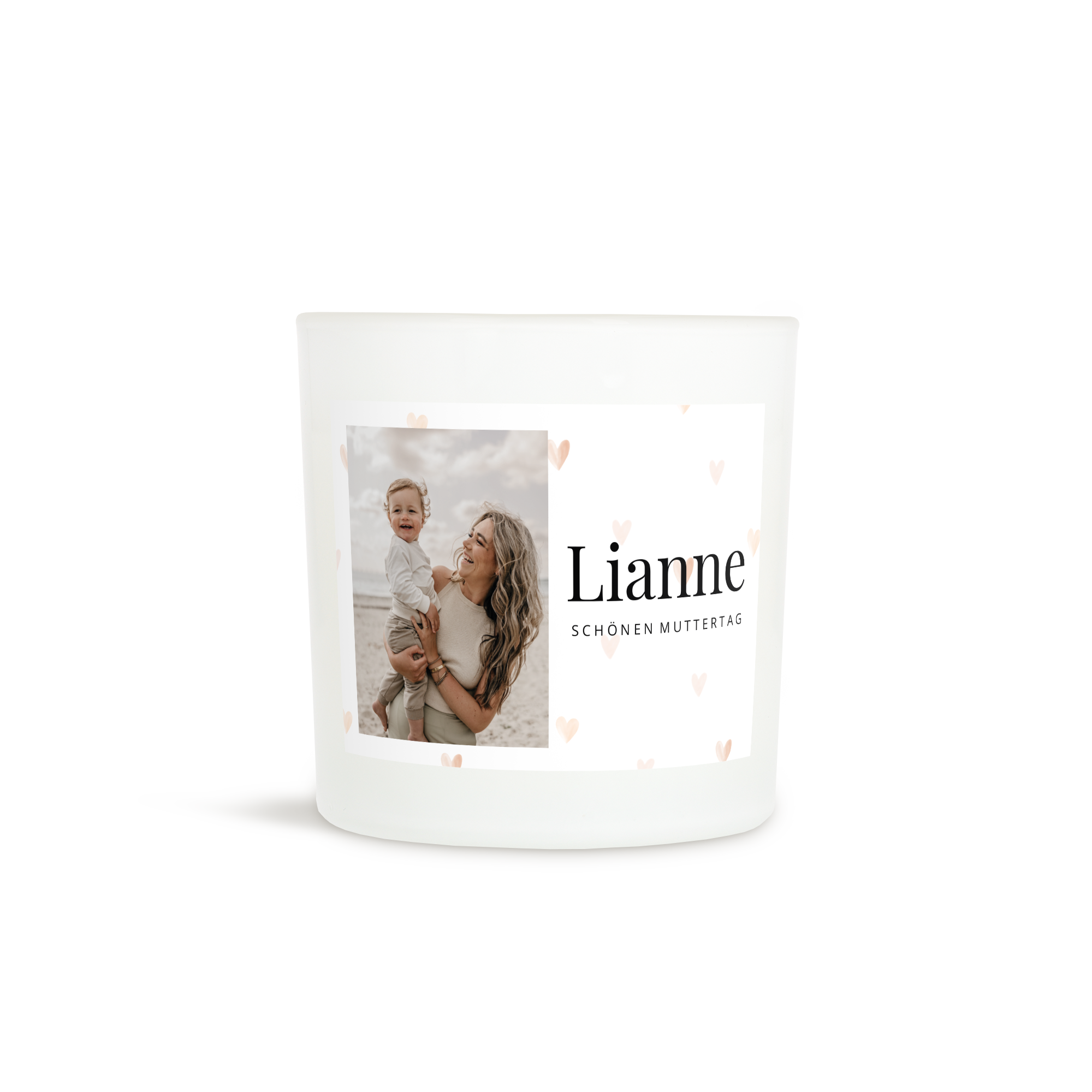 Personalisierte Kerze im Glas, bedruckt mit einem Foto von Mutter und Kind, Text "Lianne", "Schönen Muttertag"