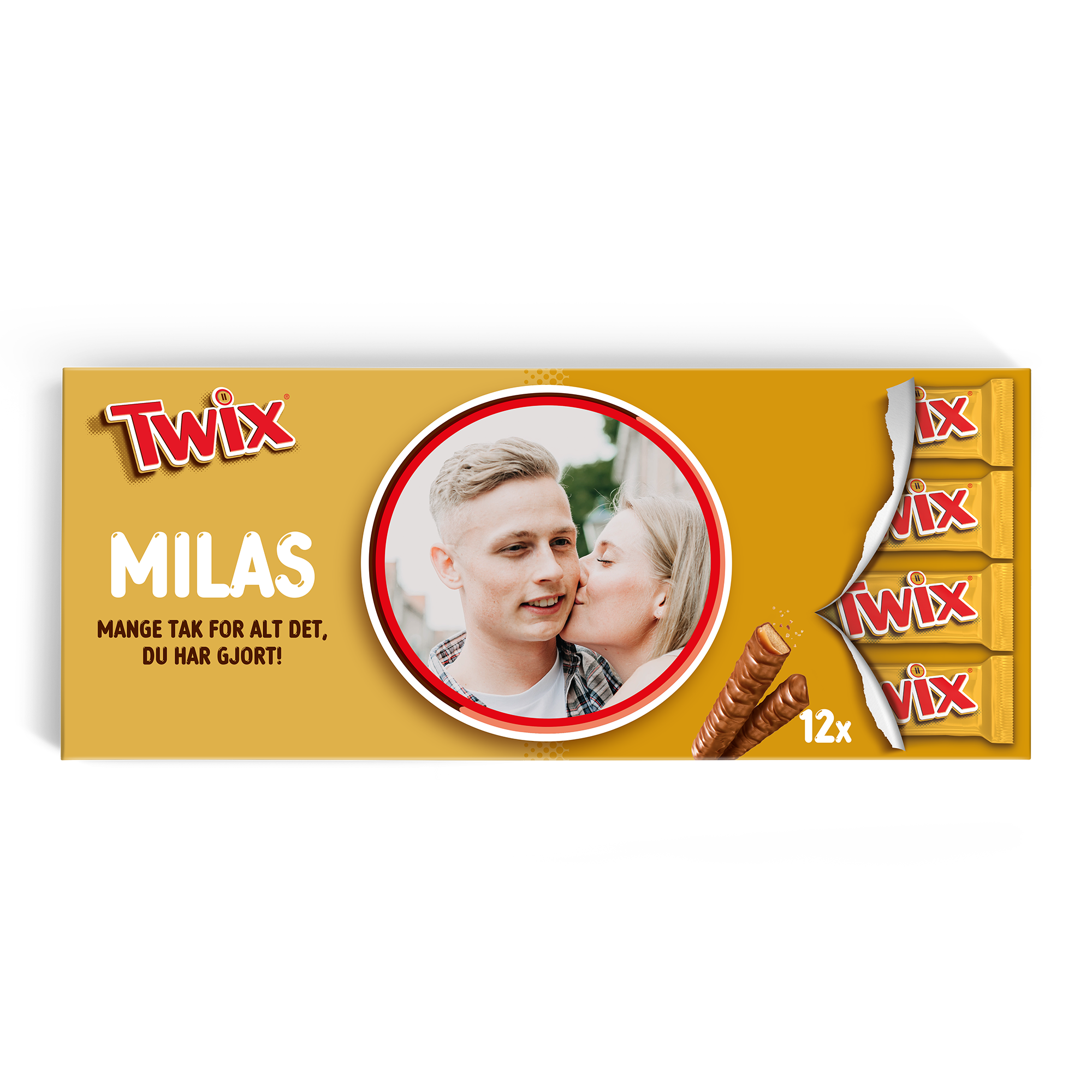 Personliggjort Mega Twix chokolade med navn, foto og tekst 