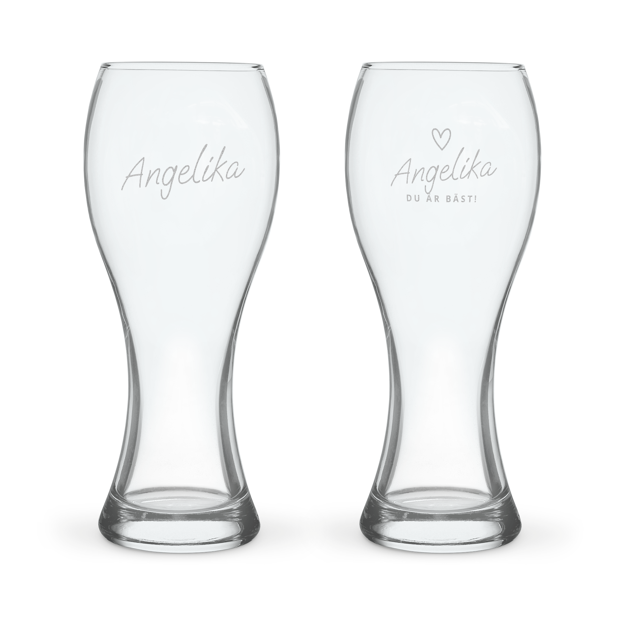 Två personaliserade ölglas graverade med namnet Angelika och texten Du är bäst