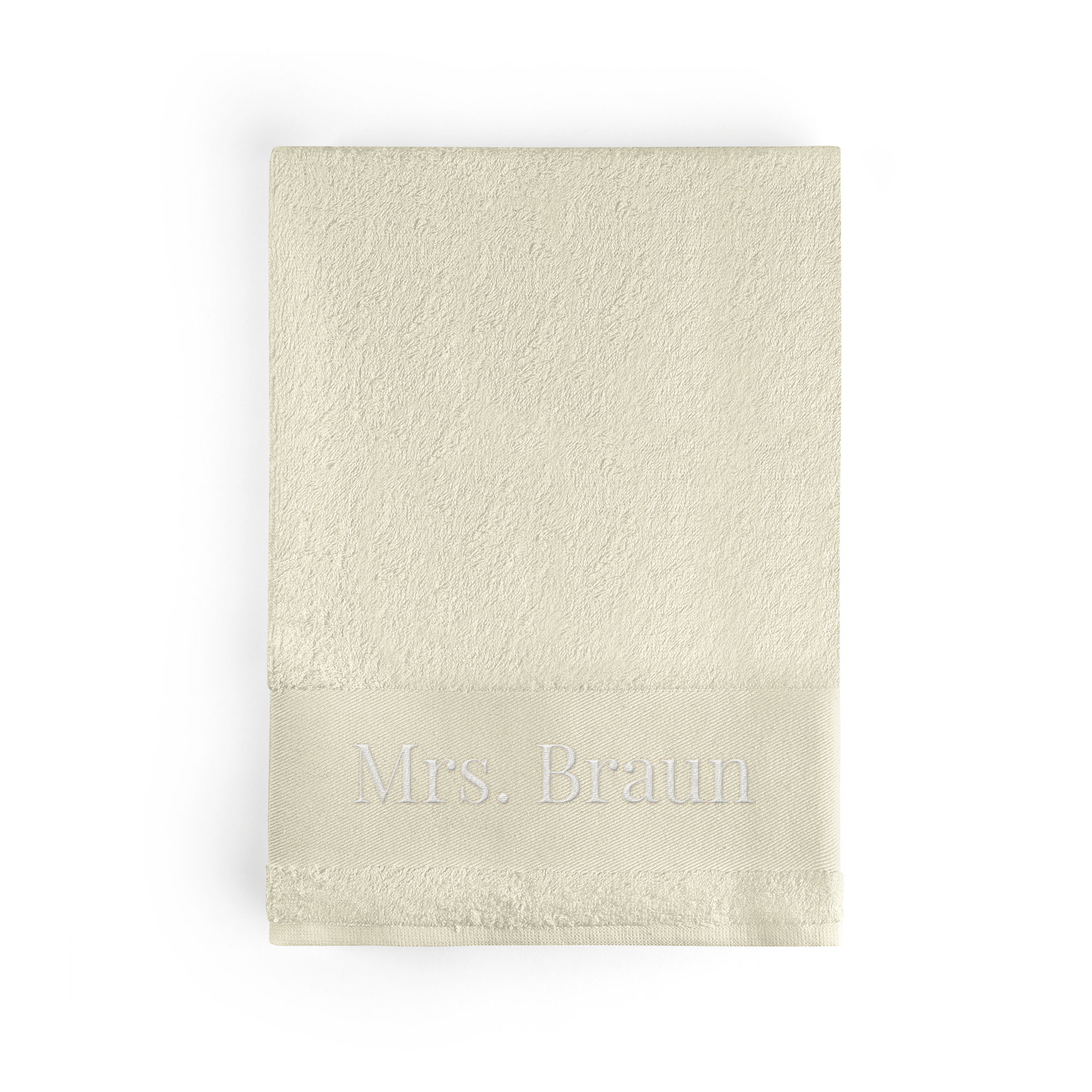 Personalisiertes beiges Handtuch, bestickt mit dem Text Mrs. Braun, verleiht jedem Badeerlebnis eine besondere Note.
