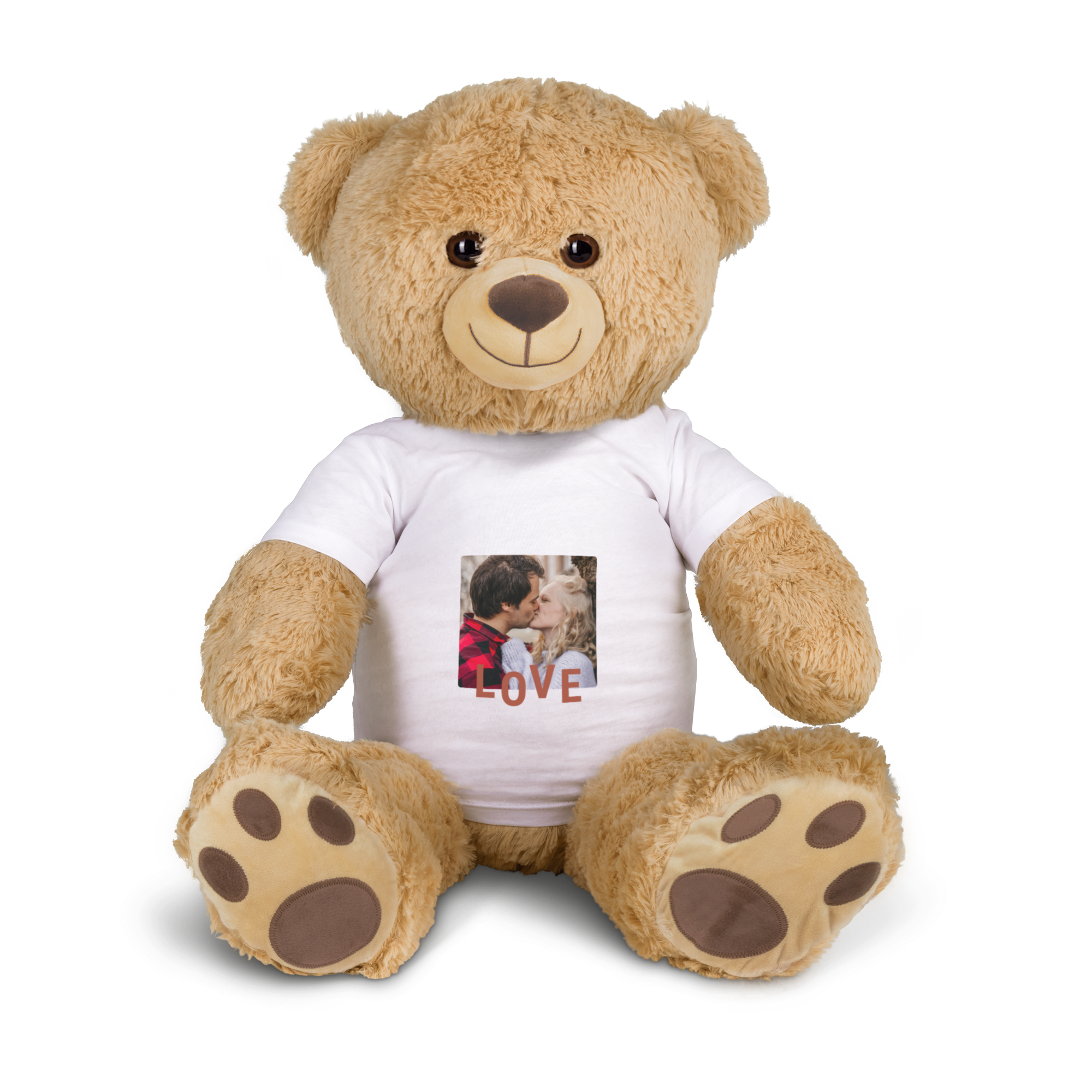 Large cuddly teddy bear wearing a white t-shirt printed with a photo of a couple kissing and the word LOVE. Surprise a loved one with this personalized giant teddy bear.