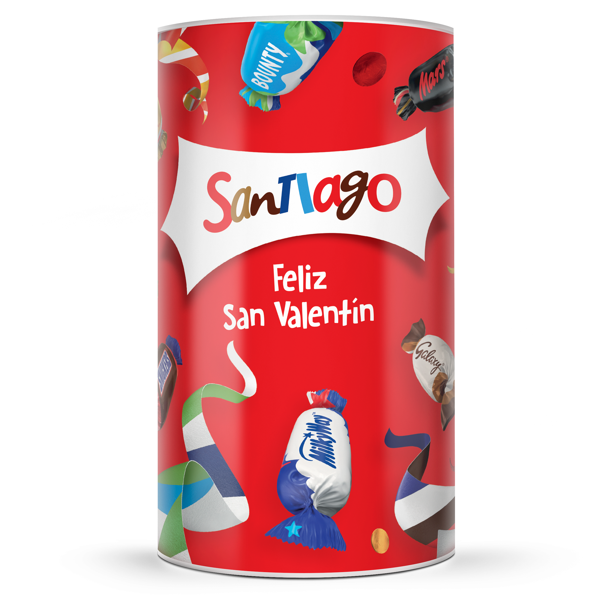 Tubo Celebrations personalizado con nombre Santiago y mensaje Feliz San Valentín, lleno de deliciosos chocolates.