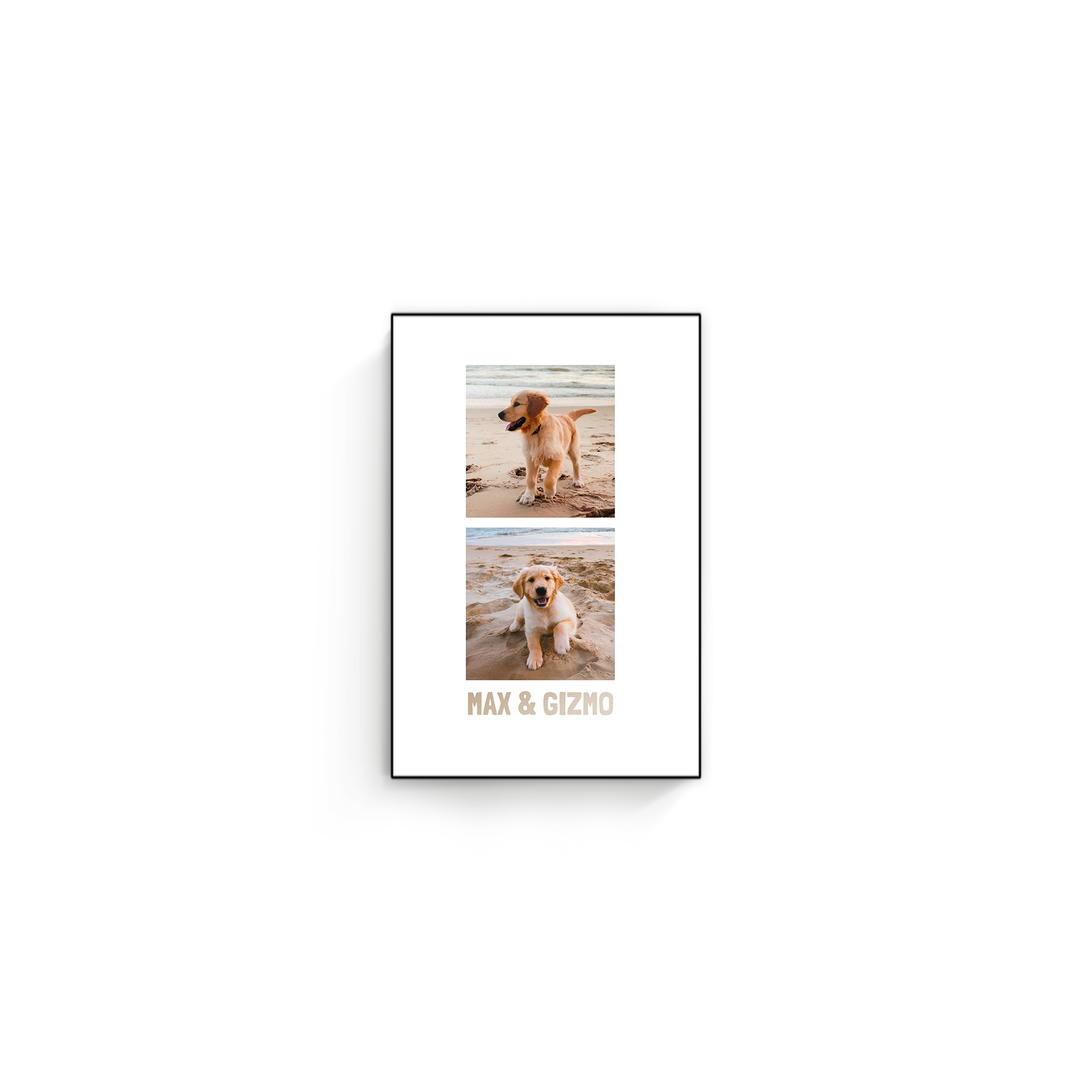 ChromaLuxe wooden photo panel printed with two personalized puppy photos and "MAX & GIZMO" text