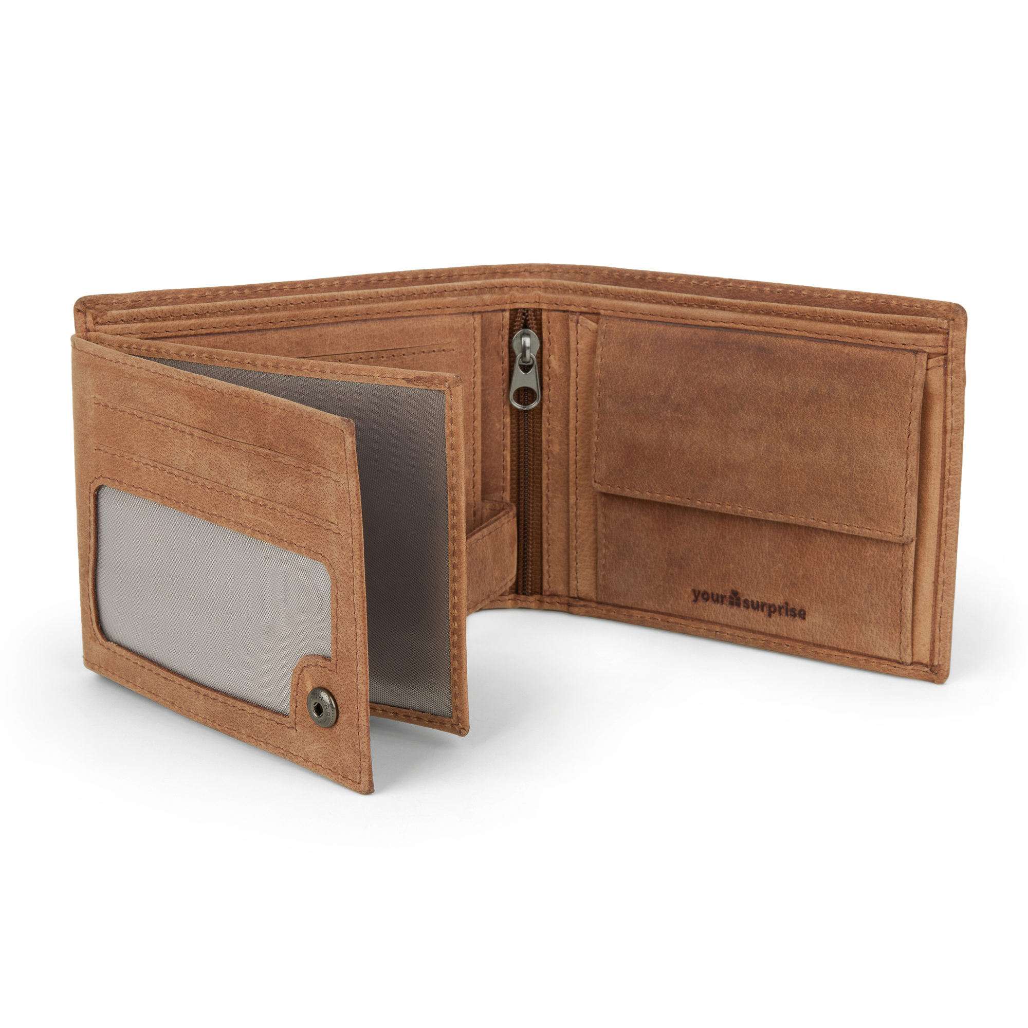 Cartera de cuero marrón abierta con cremallera, tarjetero y compartimento para monedas, personalizable para hombres.