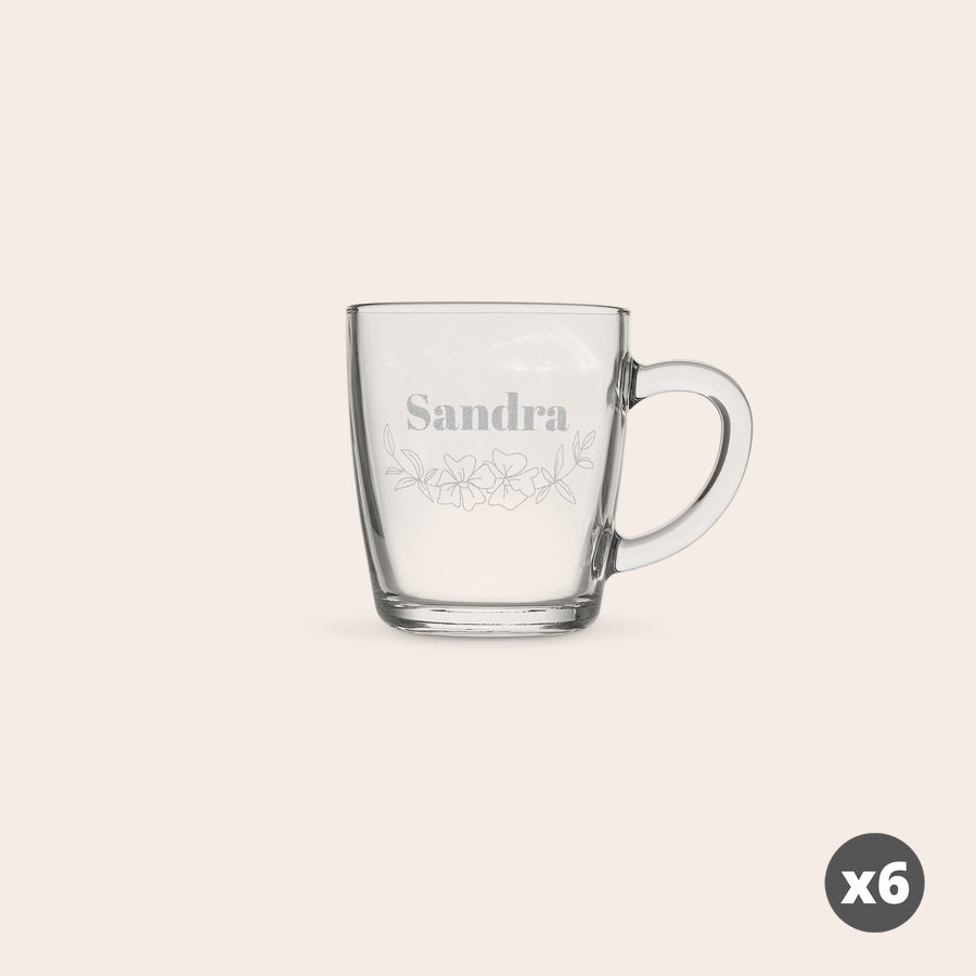Te glas Blåt teglas med indgraveret "Sandra" og blomstermotiv, til lav din egen kop med print