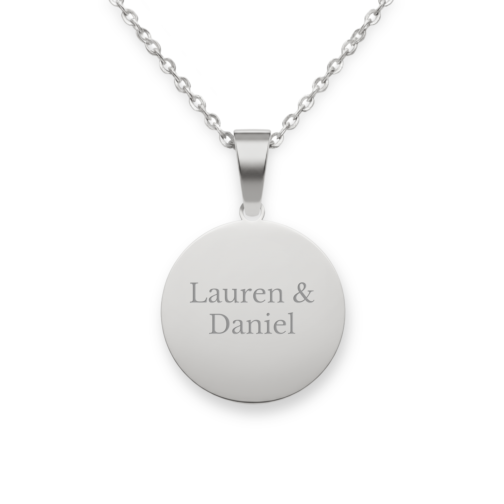 Silver Necklace round pendant with text "Lauren & Daniel" engraved. Personalize this silver necklace with custom text.