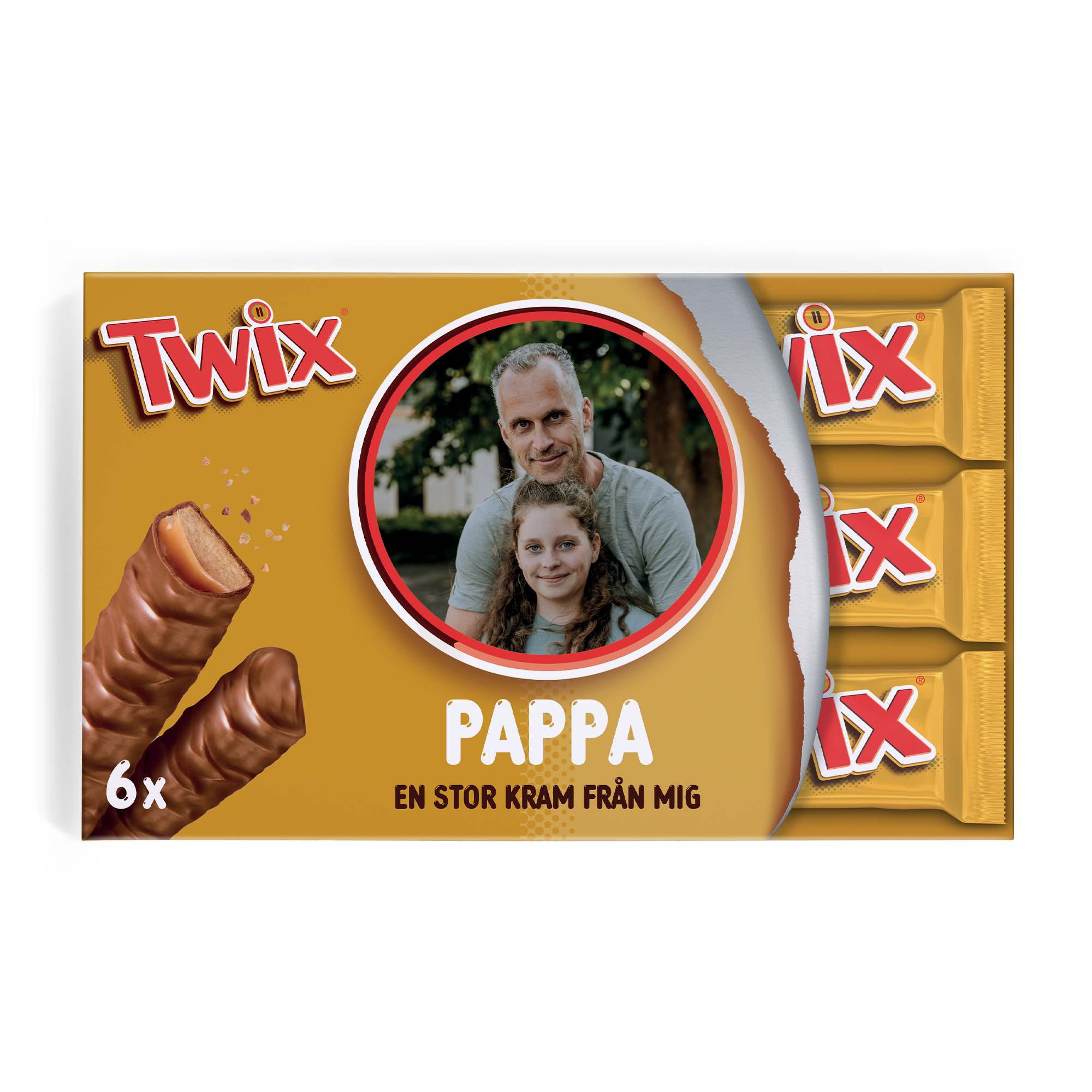 Personlig Twix-presentask tryckt med foto på man och flicka, texten Pappa och Ett stort kram från mig.