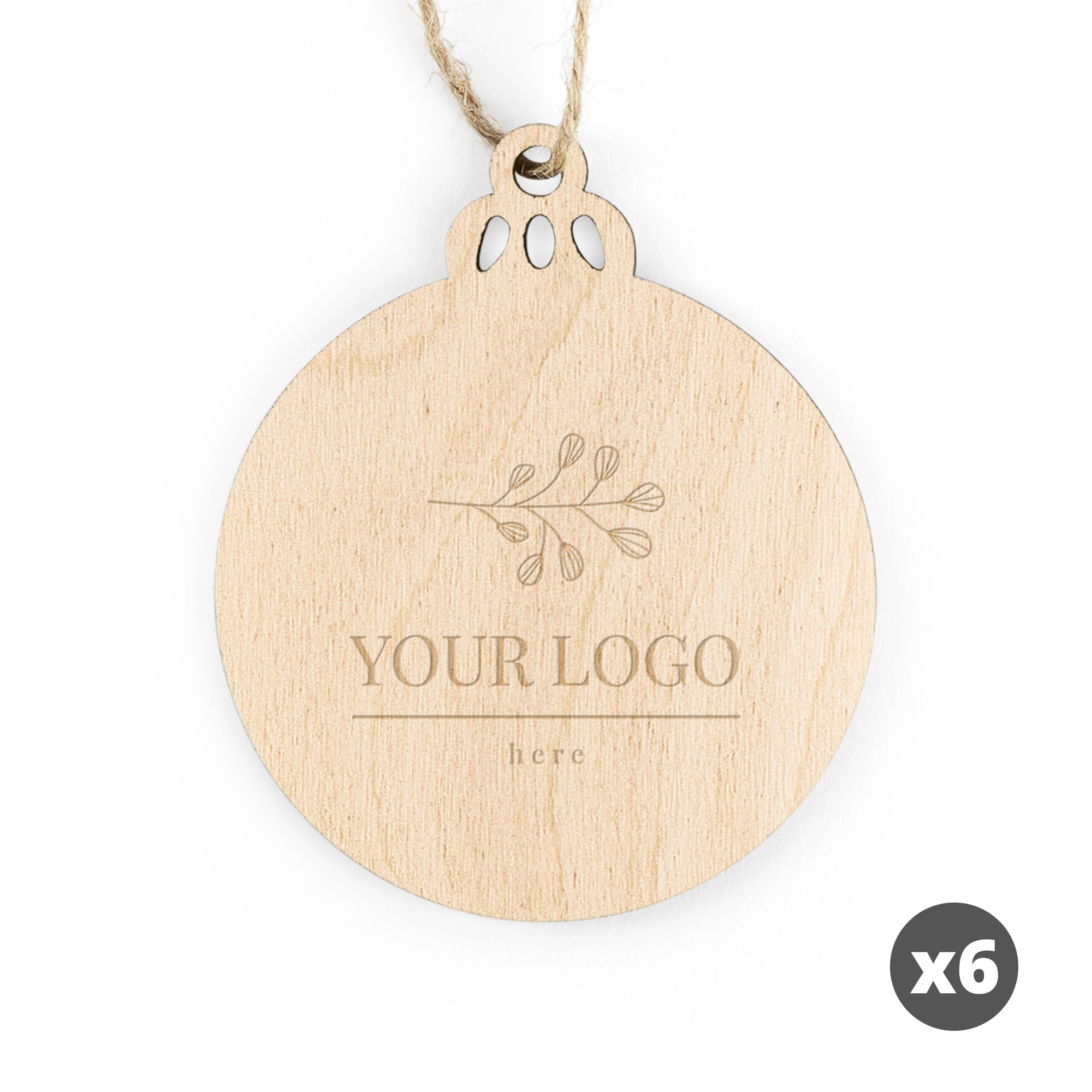 Holz Weihnachtsbaumkugel mit Gravur "Your Logo here" und Ästen, personalisierbare Weihnachtsdeko aus Holz