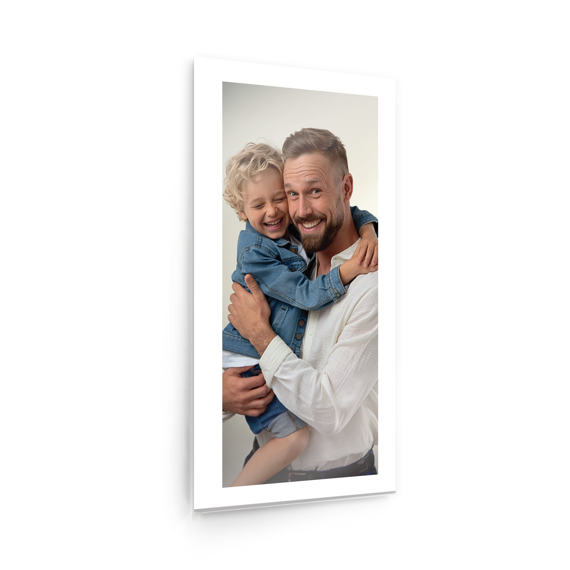 Custom photo on acrylic showing a father holding his laughing son. Immortalize your most memorable moment.