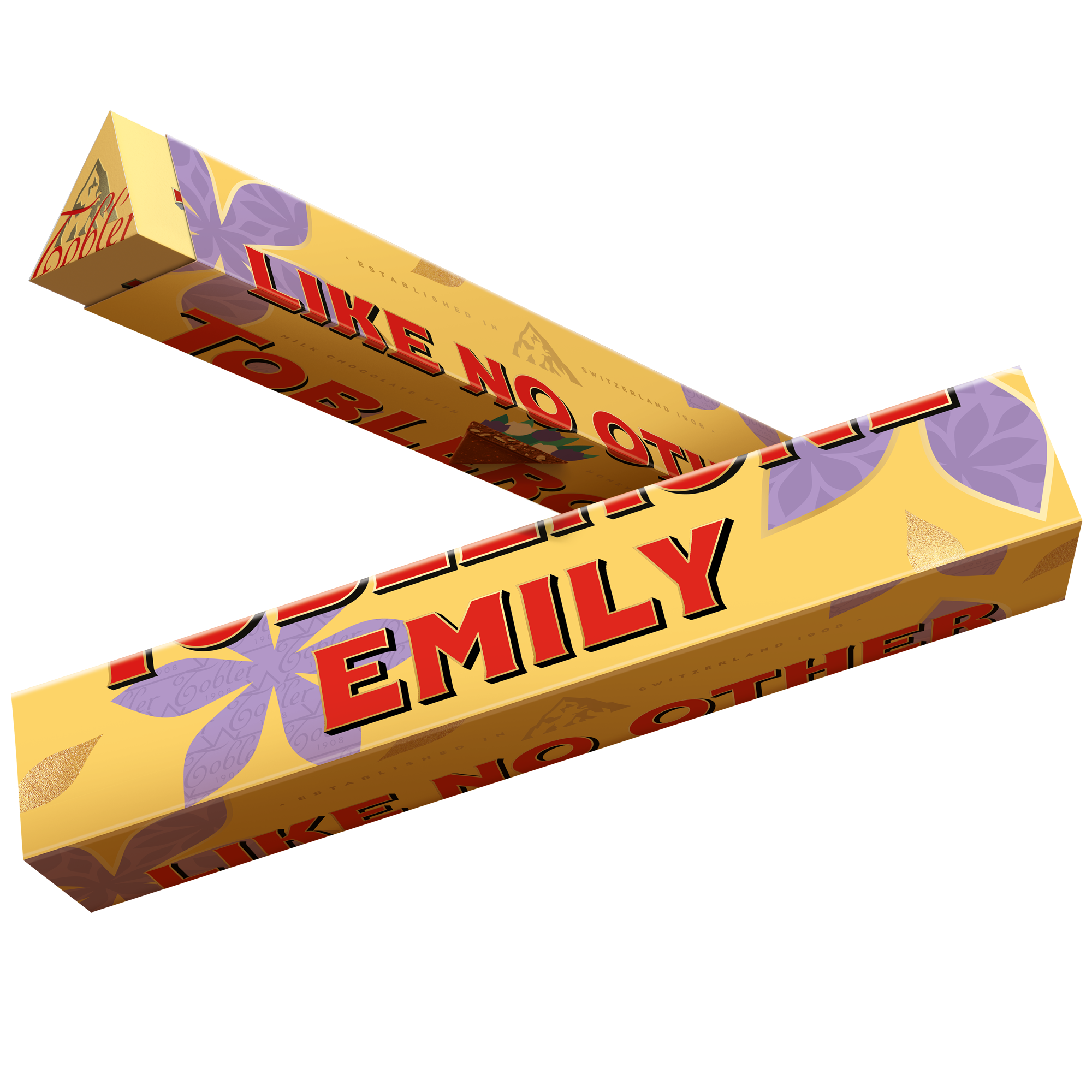 Barra de chocolate Toblerone personalizada com nome Emily impresso na embalagem.