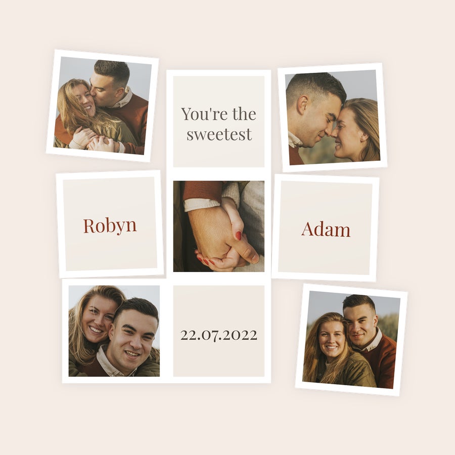 Koelkast magneten met foto Negen gepersonaliseerde magneten met foto's en tekst van Robyn en Adam, inclusief de datum 22.07.2022 en de tekst "You're the sweetest", bedrukt met jouw design.