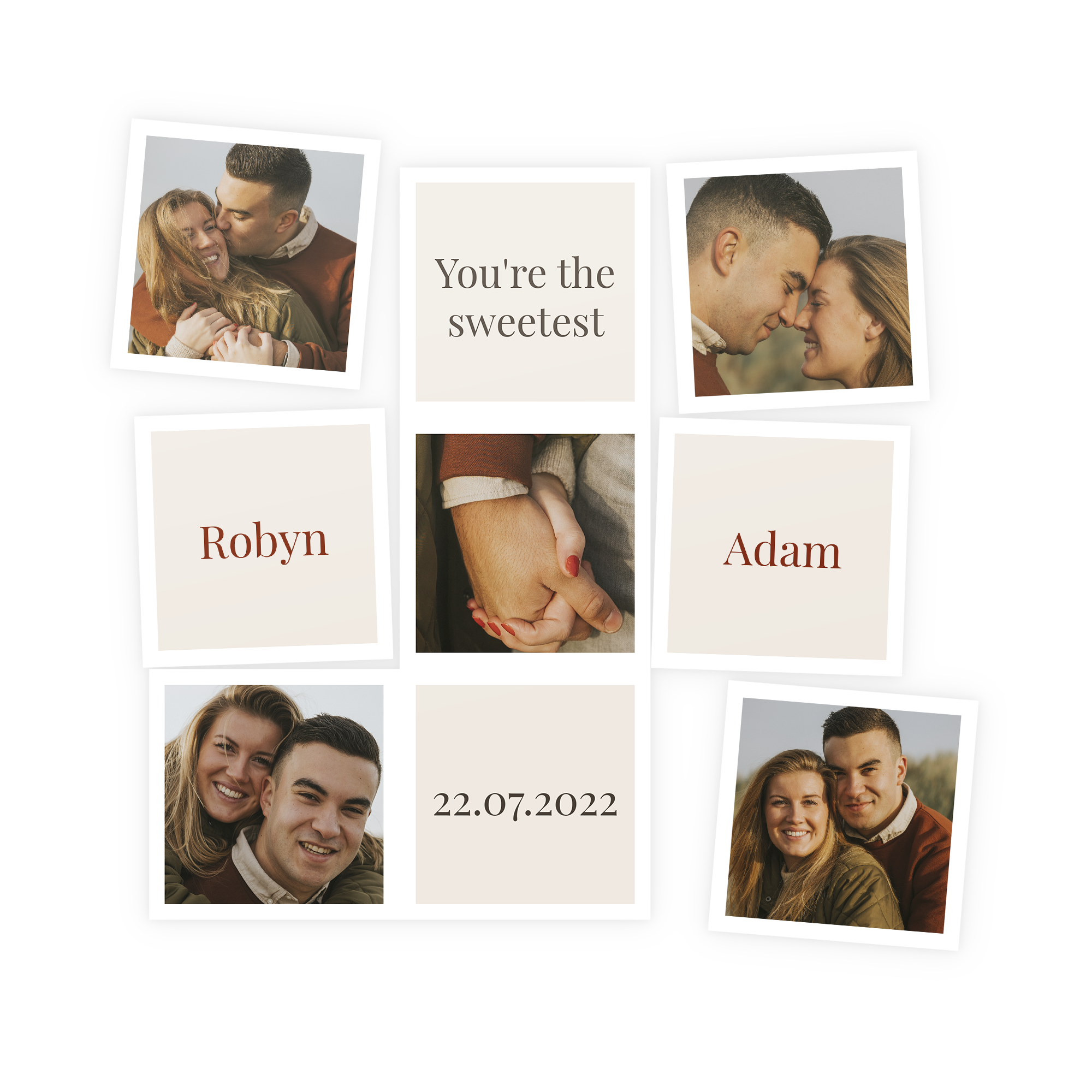 Personlige magneter med trykte bilder av Robyn og Adam, datoen 22.07.2022 og teksten "You're the sweetest".