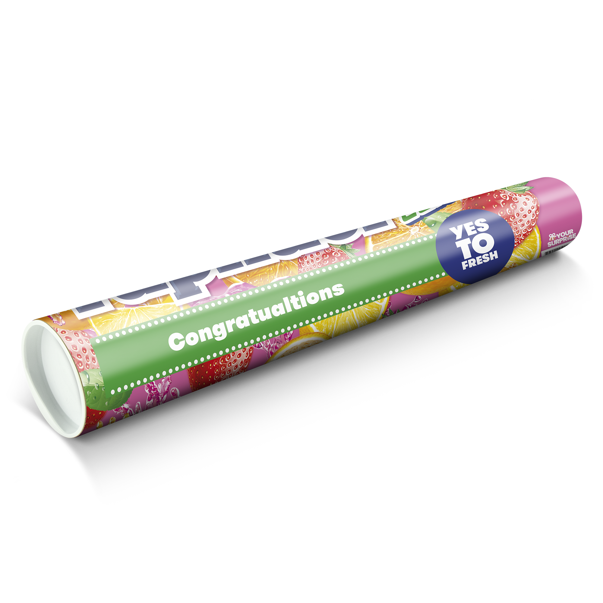 Personliggjort XXL Mentos med frugtsmag og teksten Congratulations printet på indpakningen.