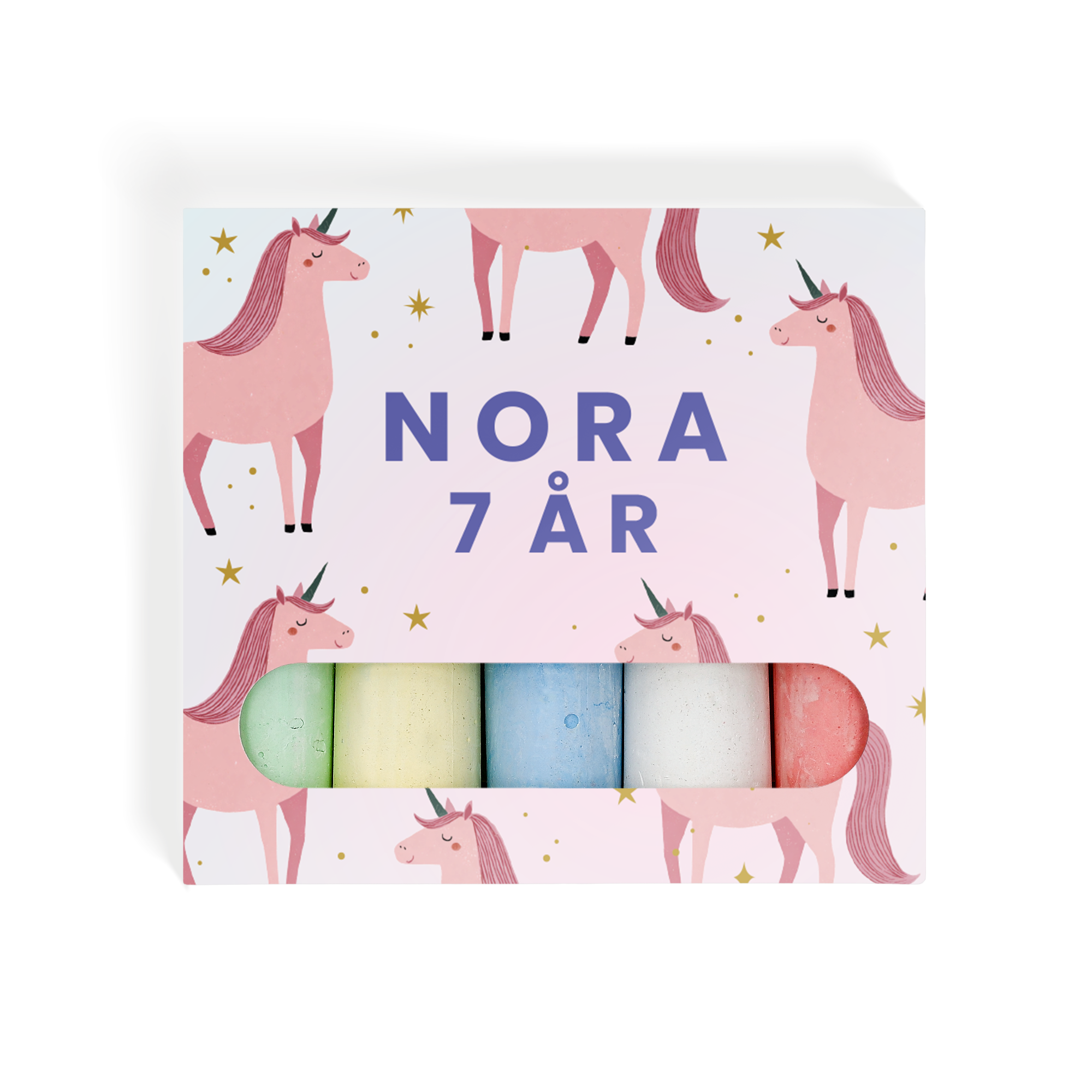 Minikrittsett - 6 stk. med enhjørningdesign og navnet "Nora 7 ÅR" trykt på pakken