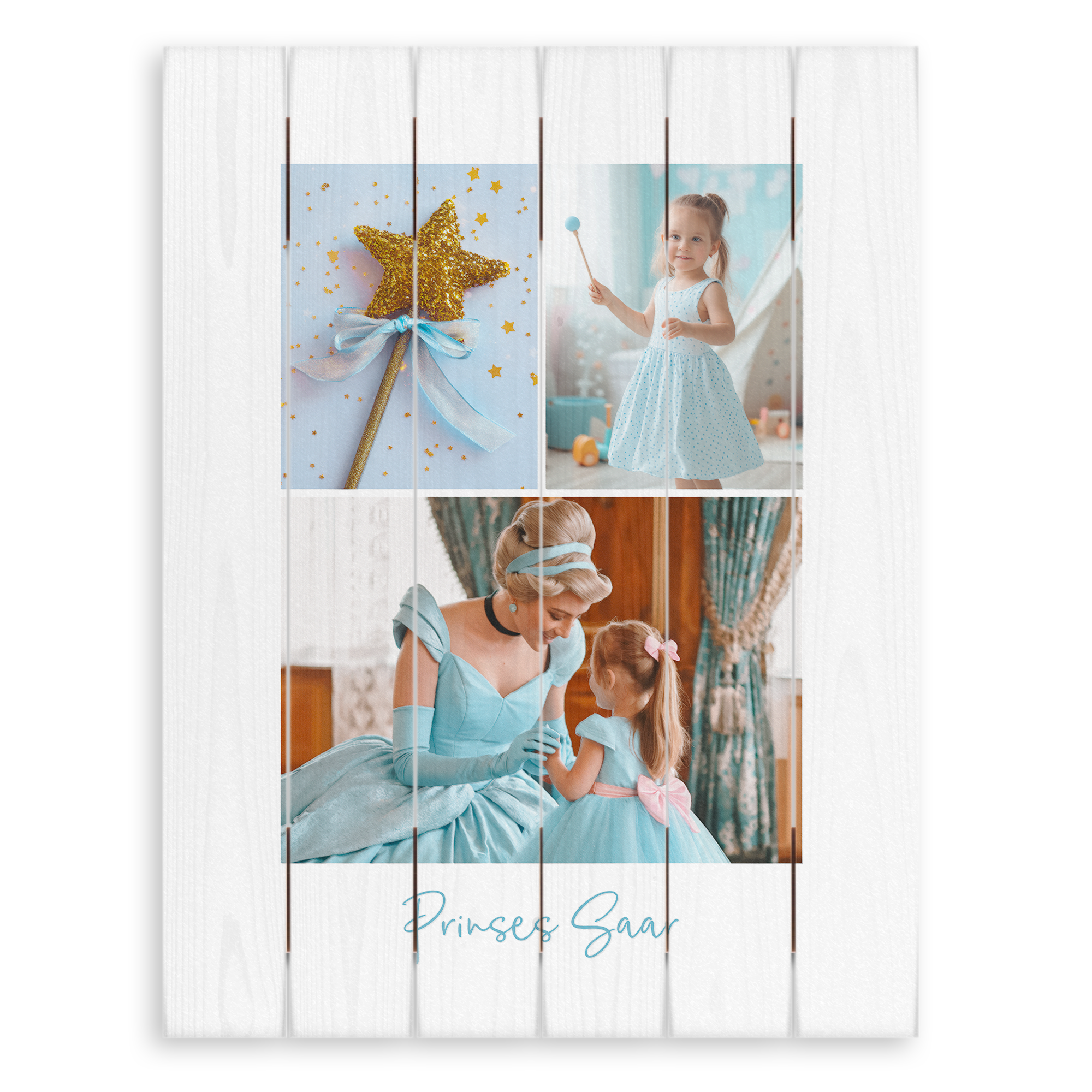 Houten wanddecoratie bedrukt met een fotocollage van 3 prinsessenfoto's en de naam Prinses Saar, voor een uniek pronkstuk.