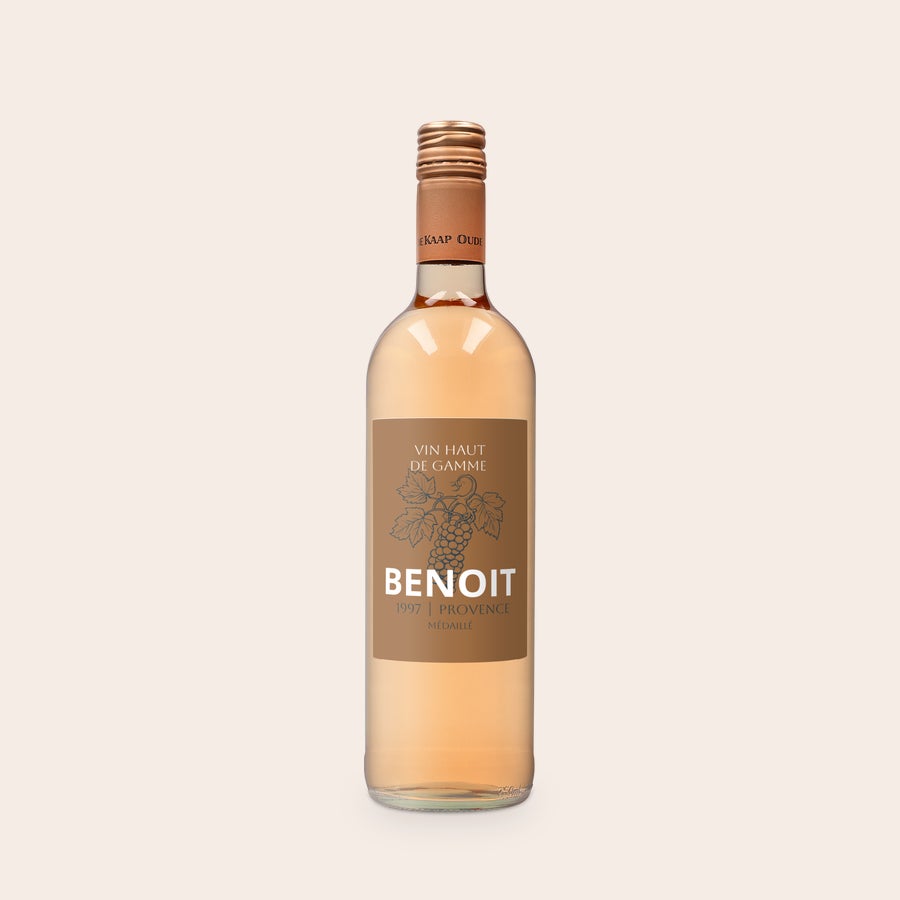 Coffret vin Oude Kaap - Rosé personnalisé Bouteille Oude Kaap Rosé avec étiquette personnalisée Benoît, millésime 1997, et dessin de grappe de raisin