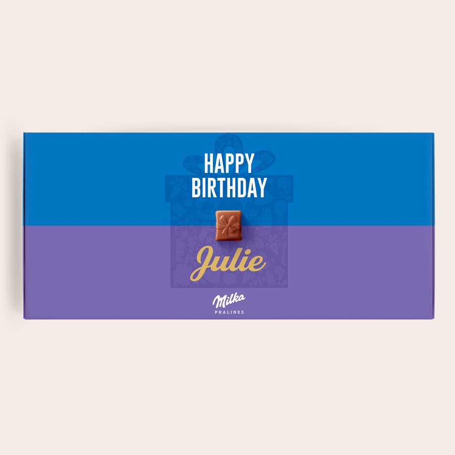 Chocolat Milka Anniversaire Coffret de chocolats Milka personnalisé Happy Birthday, imprimé avec le nom Julie et un message pour féliciter avec un cadeau personnalisé en chocolat Milka