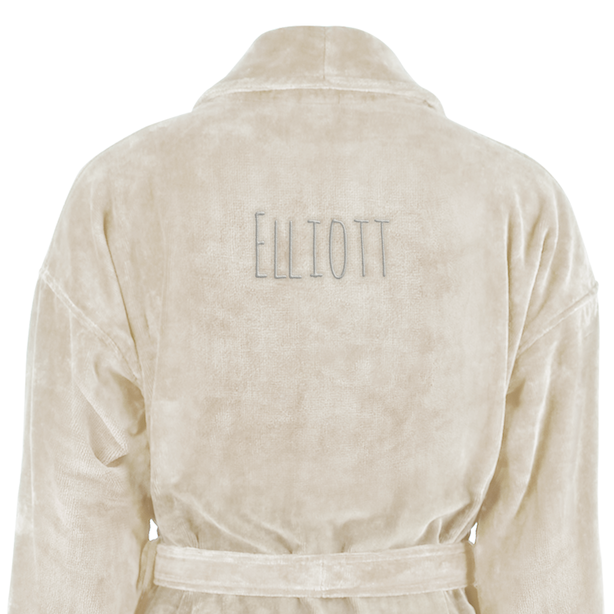 Luxurious personalized bathrobe in cream with the name ELLIOTT embroidered on the back