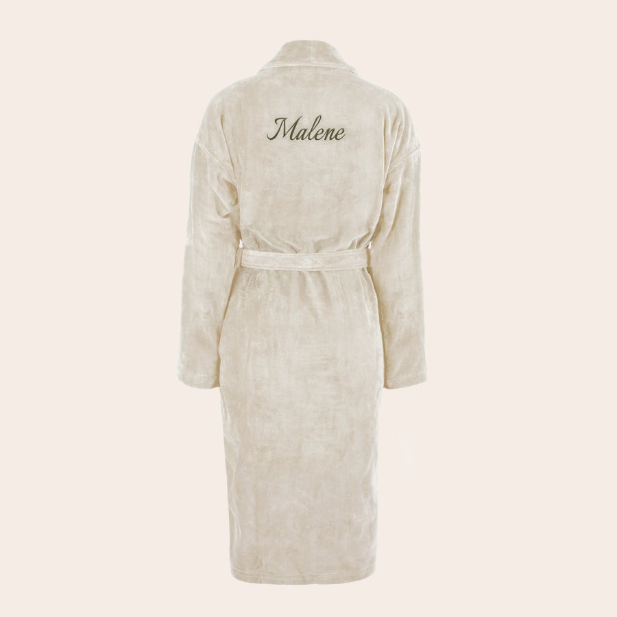 Dame Badekåbe med navn Luksus morgenkåbe til damer i beige frotté med broderet navn Malene på ryggen