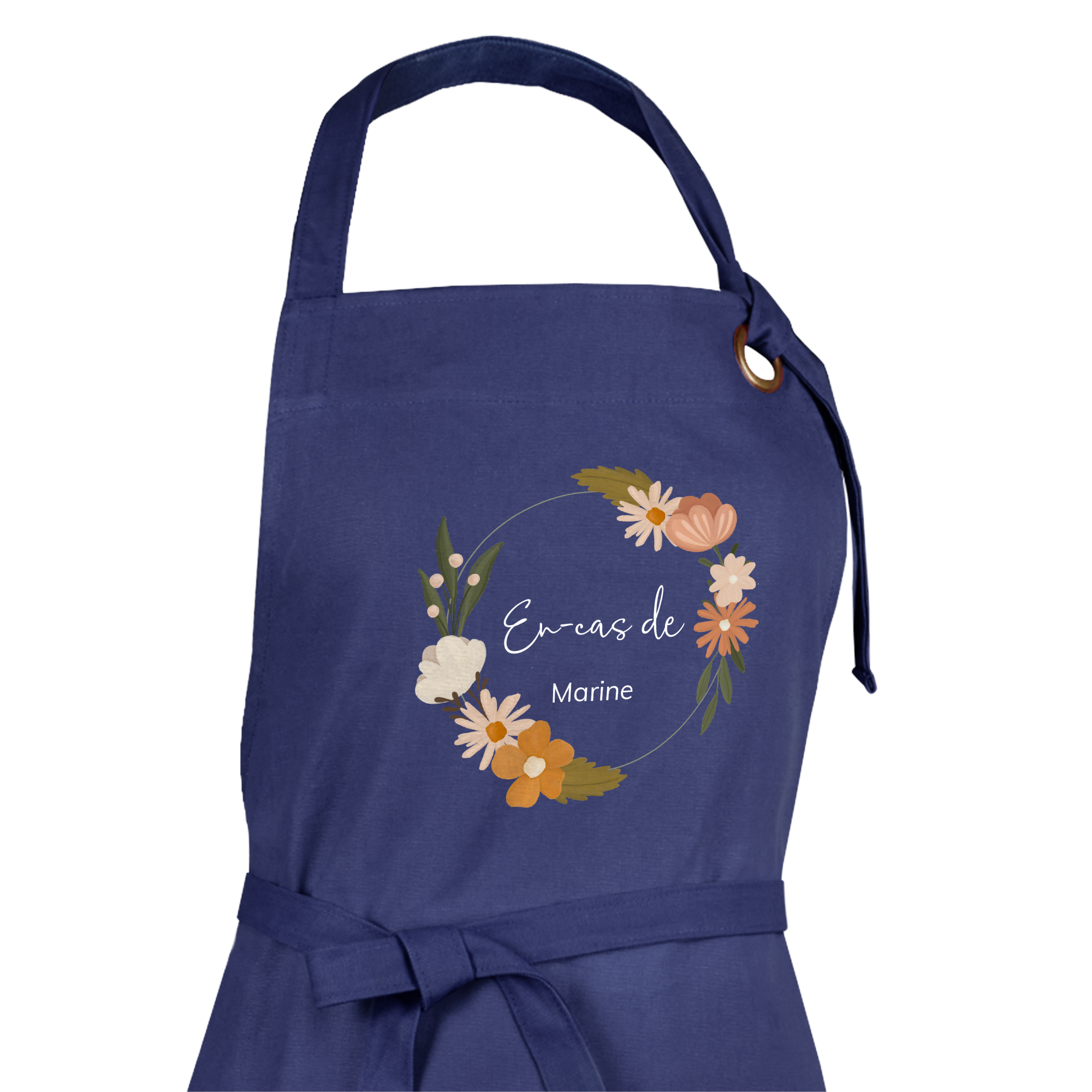 Tablier de cuisine bleu marine personnalisé En-cas de Marine imprimé avec motif floral
