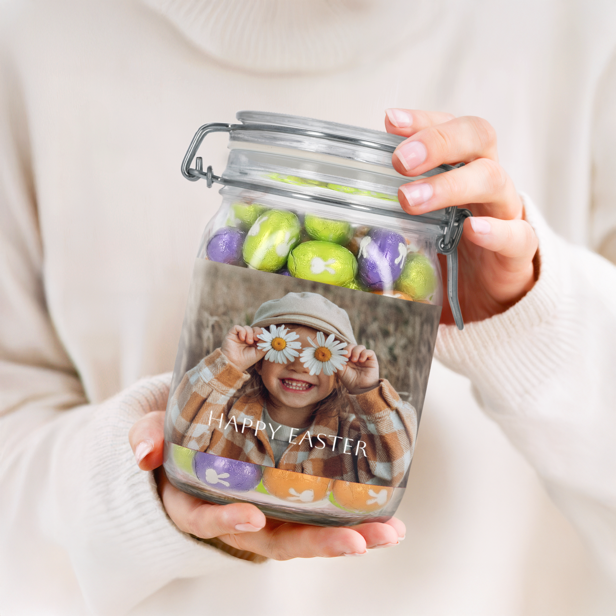 Personalised sweet jar - 1L - Chocolate eggs, with a custom photo and Happy Easter message printed on the glass.