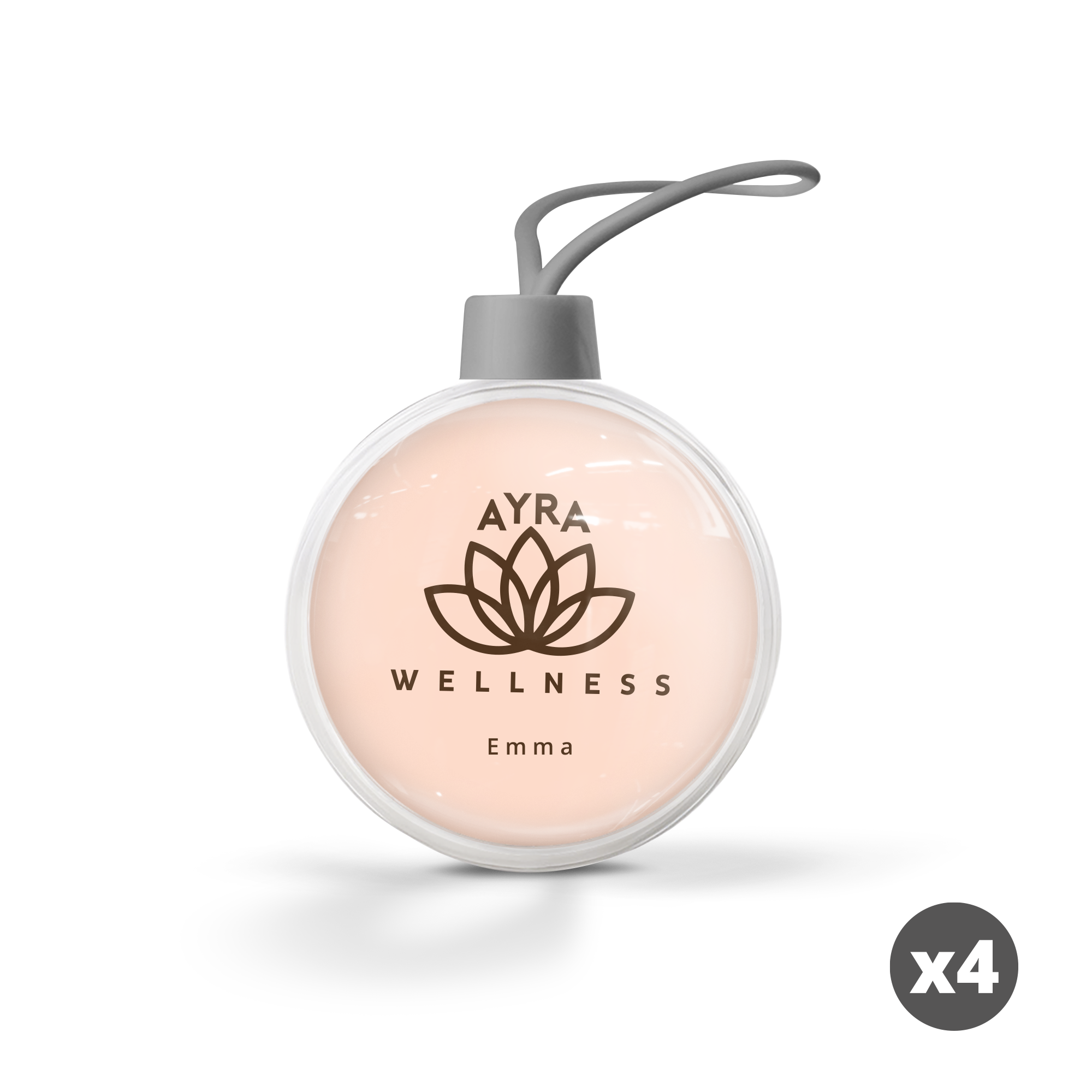 Boule de Noel transparente personnalisée avec logo Ayra Wellness et prénom Emma imprimés, vendue par lot de 4.