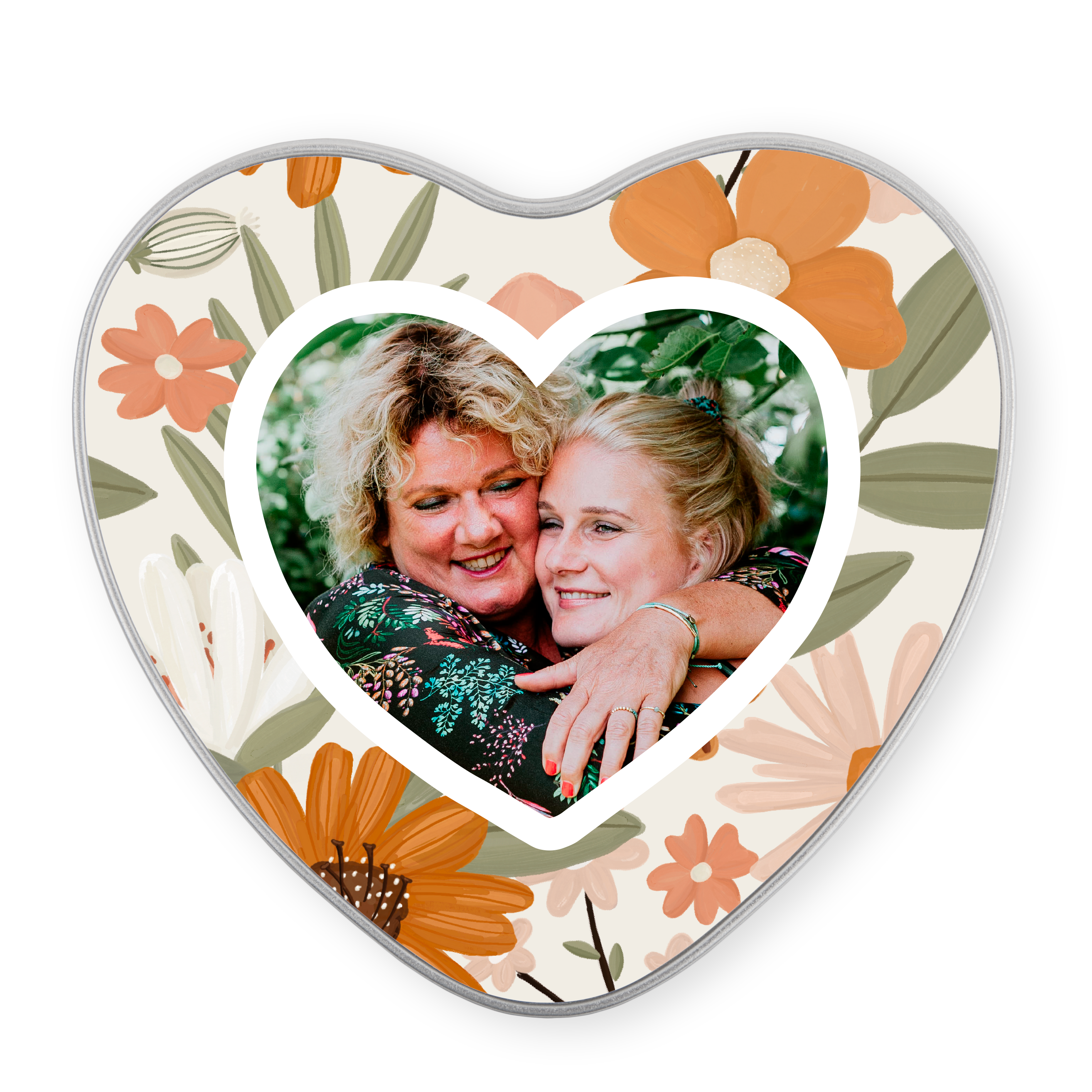 Boîte à souvenirs en forme de cœur, personnalisée avec une photo de deux femmes souriantes et des motifs floraux.