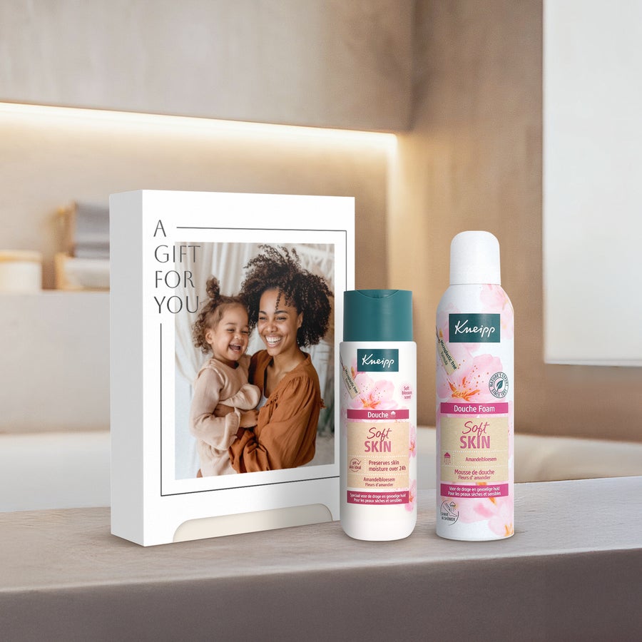 Kneipp Women Wellness gift box Personalized Kneipp Soft Skin gift set with a photo printed box and two Kneipp almond blossom products for her.